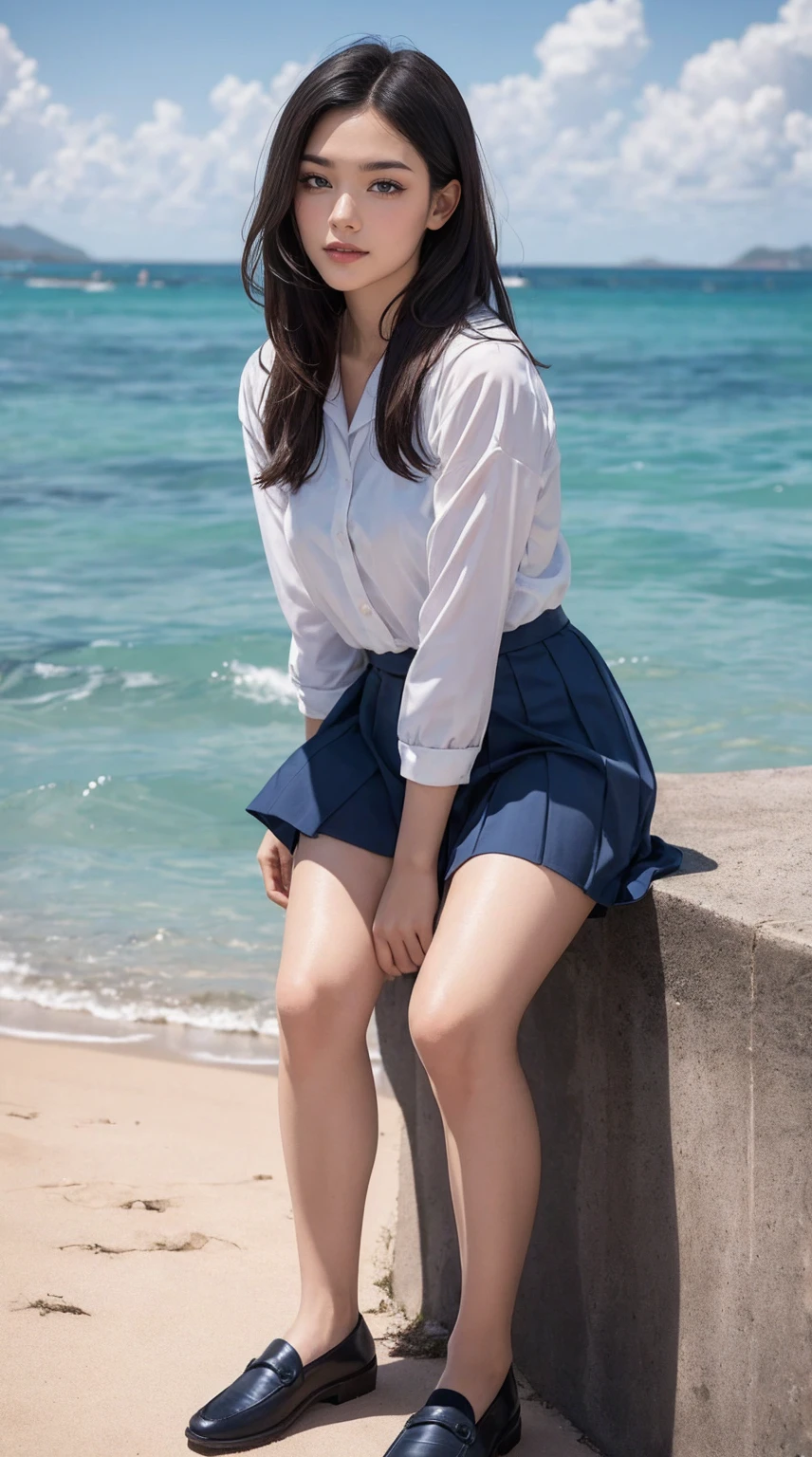 ((最high quality, 8K, masterpiece: 1.3, Ultra HD, high quality, 最high quality, High resolution, realism)) 、An extremely beautiful 18-year-old Japanese woman、hair color is black、black eye、medium hair、straight hair、smile、Slender but well-proportioned muscular body、Athlete-like body type、I don't want my head to disappear from the screen.、sit on a high breakwater on the beach、The blue sky is beautiful、There is an entrance cloud、It's summer、I'm wearing a sailor suit、Wear a navy blue pleated skirt、wear loafers、There is a road in front of the breakwater、There is a sign indicating the bus stop.、The sea is beautiful、The horizon looks beautiful、An island can be seen off the coast