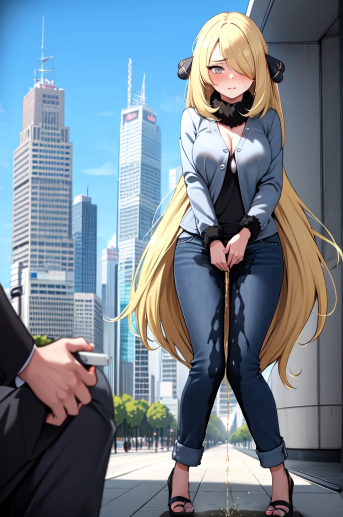 1girl,(solo:1.5),(solo focus:1.5),Cynthia,blonde hair,hair over one eye,hair ornament,very long hair,wavy hair,grey eyes,large breasts,desperation,standing,wetting self,peeing stain,fur collar,furr-trimmed coat,black pants,embarrassed,humiliated,futuristic,city,neon lights,(best quality,4k,8k,highres,masterpiece:1.2),ultra-detailed,vivid colors,sharp focus,long hair flowing in the wind,(colorful skyscrapers:1.5),reflection in the wet pavement,expressions of desperation and embarrassment captured perfectly,futuristic cityscape as the background,streets lined with towering buildings,intricate details in Cynthia's face and hair,subtle reflections in her grey eyes,subtle blush on her cheeks,revealing her embarrassment,intricate details depicting the large pee stain on Cynthia's pants