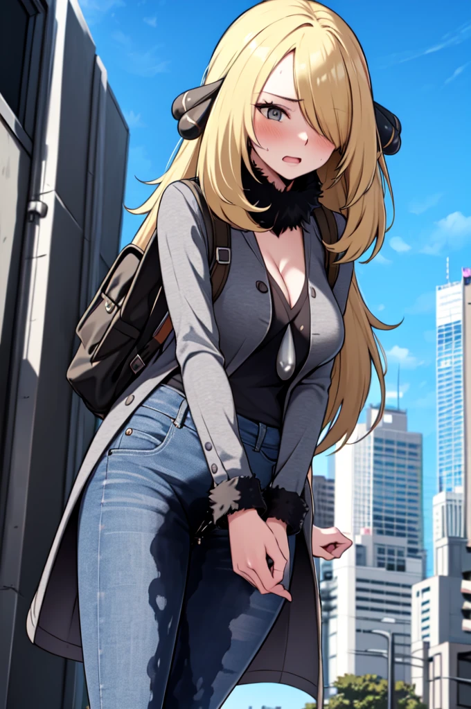 1girl,(solo:1.5),(solo focus:1.5),Cynthia,blonde hair,hair over one eye,hair ornament,very long hair,wavy hair,grey eyes,large breasts,desperation,standing,wetting self,peeing stain,fur collar,furr-trimmed coat,black pants,embarrassed,humiliated,futuristic,city,neon lights,(best quality,4k,8k,highres,masterpiece:1.2),ultra-detailed,vivid colors,sharp focus,long hair flowing in the wind,(colorful skyscrapers:1.5),reflection in the wet pavement,expressions of desperation and embarrassment captured perfectly,futuristic cityscape as the background,streets lined with towering buildings,intricate details in Cynthia's face and hair,subtle reflections in her grey eyes,subtle blush on her cheeks,revealing her embarrassment,intricate details depicting the large pee stain on Cynthia's pants