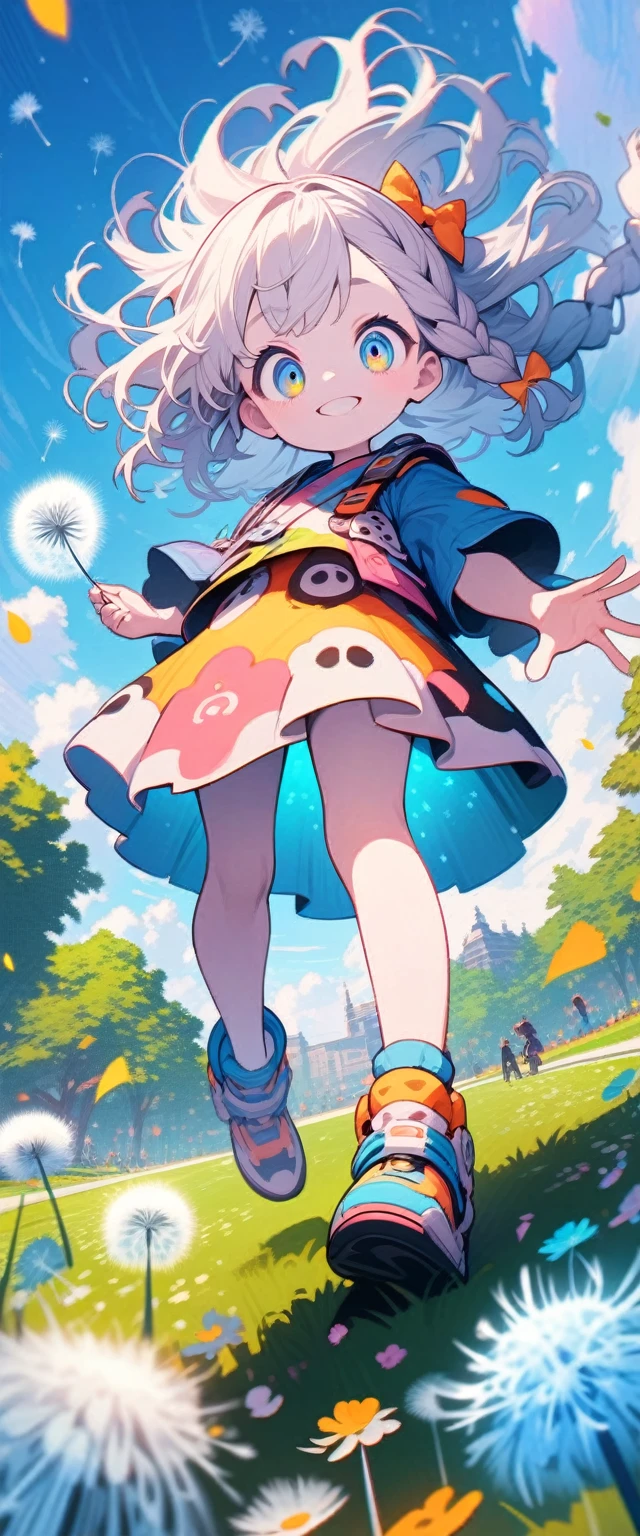 #quality(8k wallpaper of extremely detailed CG unit, ​masterpiece, hight resolution, top-quality, top-quality real texture skin,hyper realisitic, digitial painting,increase the resolution,RAW photos，best qualtiy,highly detailed,the wallpaper), solo,#1girl(cute, kawaii,small ???,hair floating,hair color cosmic,hair shining brightly,braid hair,hair messy,dandelion hairbow,eye color cosmic,big eyes,pale skin,big breast,dynamic angle:1.4,full body,dynamic pose,detailed face,vivd color,blowing dandelion seeds,smile),#background#background(outdoor, many dandelion flowers,many dandelion seeds in the sky,park,dynamic angle:1.5),(from front:1.8,from below),please draw hands correctly.