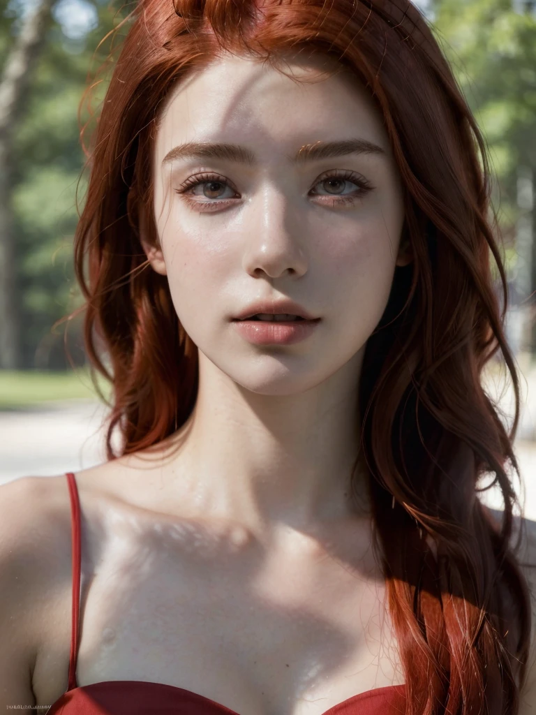 ( masterpiece, top quality, best quality,8k,17 years old girl,ultra detailed,raw photo:1.5),(photorealistic:1.4), ( hairstyles, red hair:1.5), (cinematic lighting), PerfectNwsjMajic, , Surrealism, UHD, ccurate, Super detail, textured skin, High detail, Best quality, dynamic angle, White skin,[Beautiful blue eyes], high nose,[flat chest:large breasts:0.5],(1girl),(good anatomy:0.5)),(outside ),