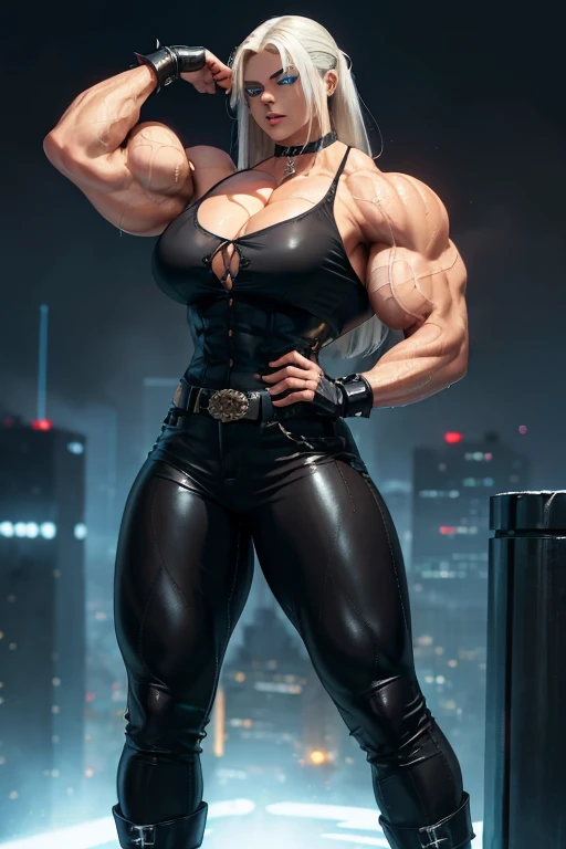 (((((Massive tall, beautiful, buff, wet, brown skinned muscular android woman with white hair, glowing blue eyes, black lipstick, ginormous bulky muscles, wearing an half button down black blouse with black pants))))), close view, (massive muscles), massive biceps, hyper muscle shoulders, ((ginormous muscle arms)), hyper muscle triceps, (long hair wind blowing hair), (glowing blue eyes), choker, (chain belt), black boots, (spiked gauntlets), (black fog surrounding the body), on top of a skyscraper of a rainy destroyed dark city, arrogant smile, night, hyper vascular arm, hyper muscles arms, hyper muscle legs, (ginormous arms).