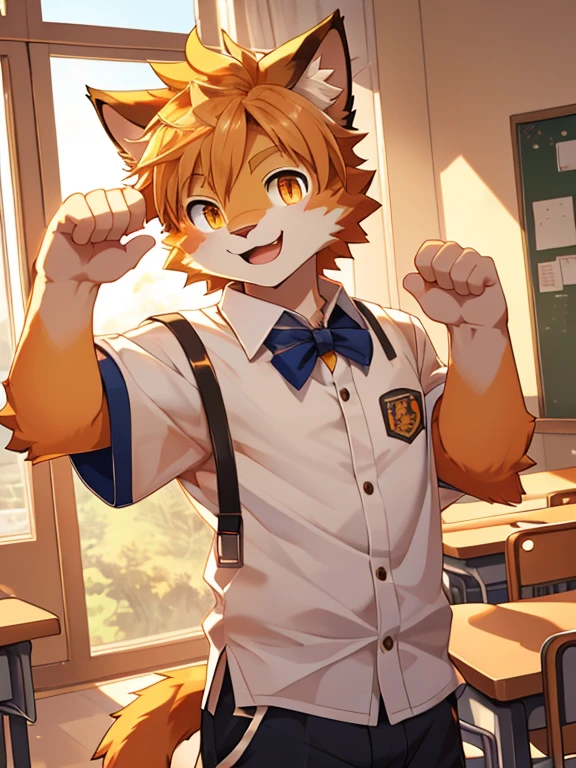 (masterpiece)，(Very detailed)，(best quality)，hairy，Cat，orange fur，Vivid eyes，golden pupils，cute style，Sunny and cheerful，(white casual wear)，((funny expression))，8K，(high quality)，(ultra high definition)，(super detailed)(High )(Shota)