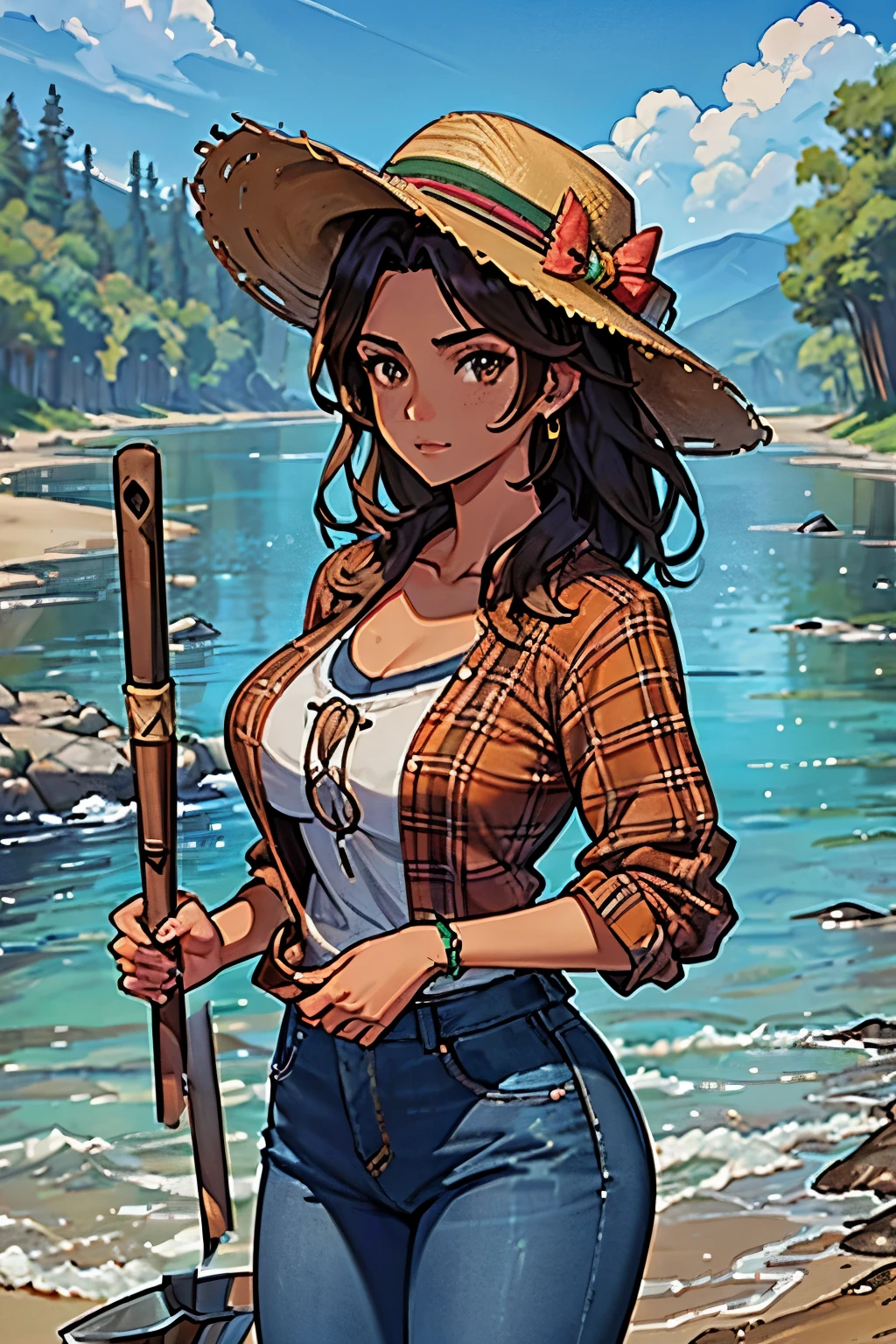 brown skin pretty mexican woman with freckles in flannel shirt and jeans holding a shovel, digging hole down by river, zoomed out, extremely detailed artgerm, ig model | artgerm, beautiful alluring anime woman, Mexican woman, tan skin, wide brim hat ,  fix arms