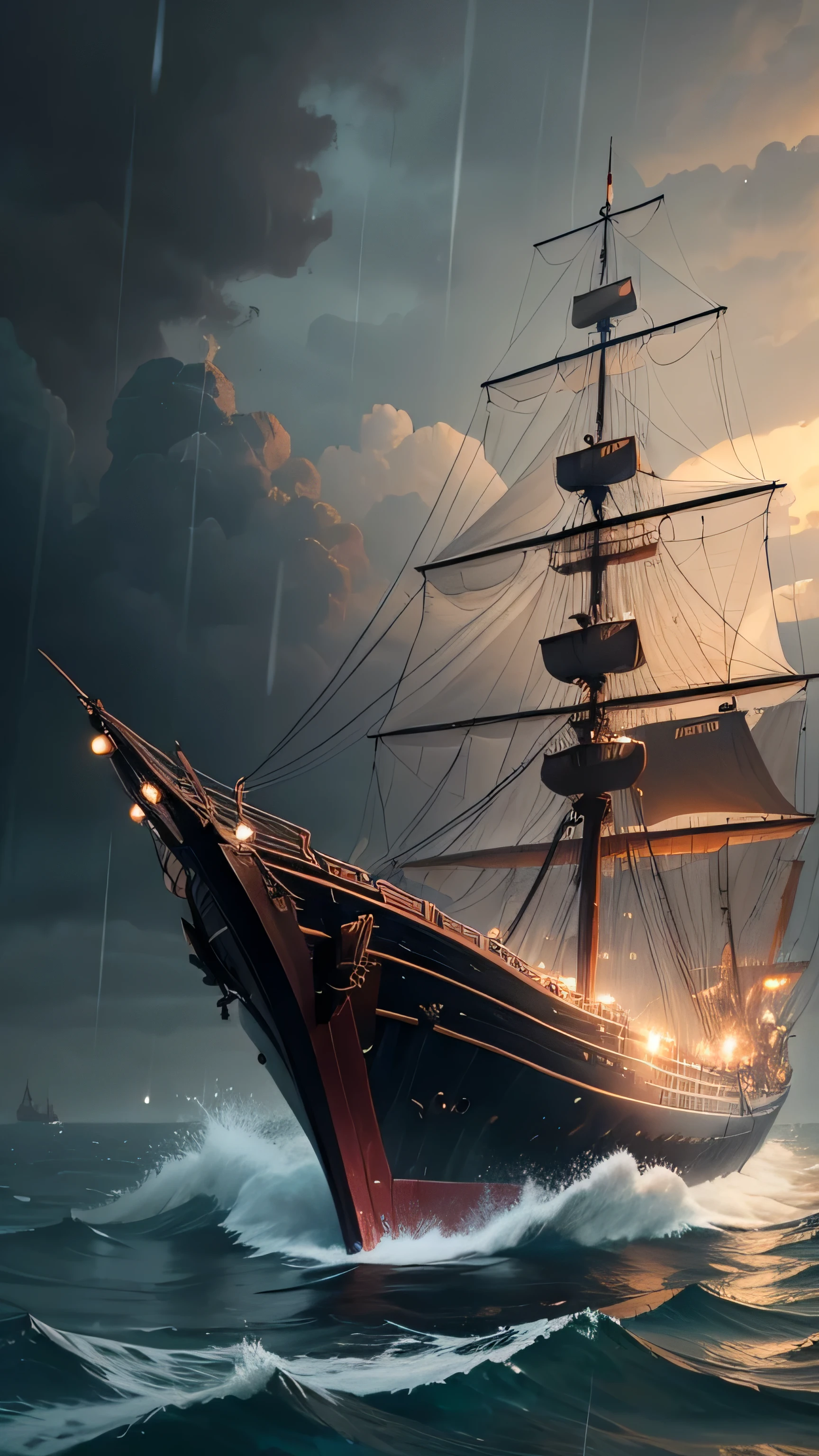 traditional pinisi ship sank, rain, 8k
