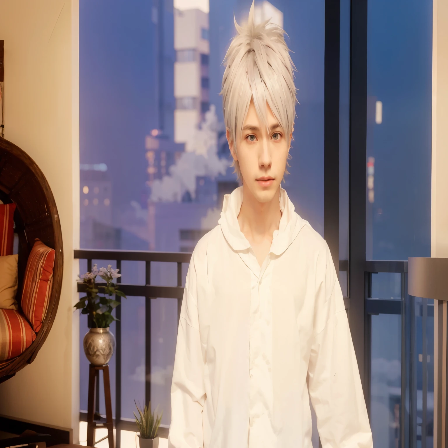 anime - style image of a young man in a white shirt standing in front of a window, silver eyes full body, silver haired, white haired, detailed hair foggy, detailed anime soft face, kaworu nagisa, white-hair pretty face, anime. soft lighting, white cloud hair, nier 2 b, semi realistic anime, he has dark grey hairs