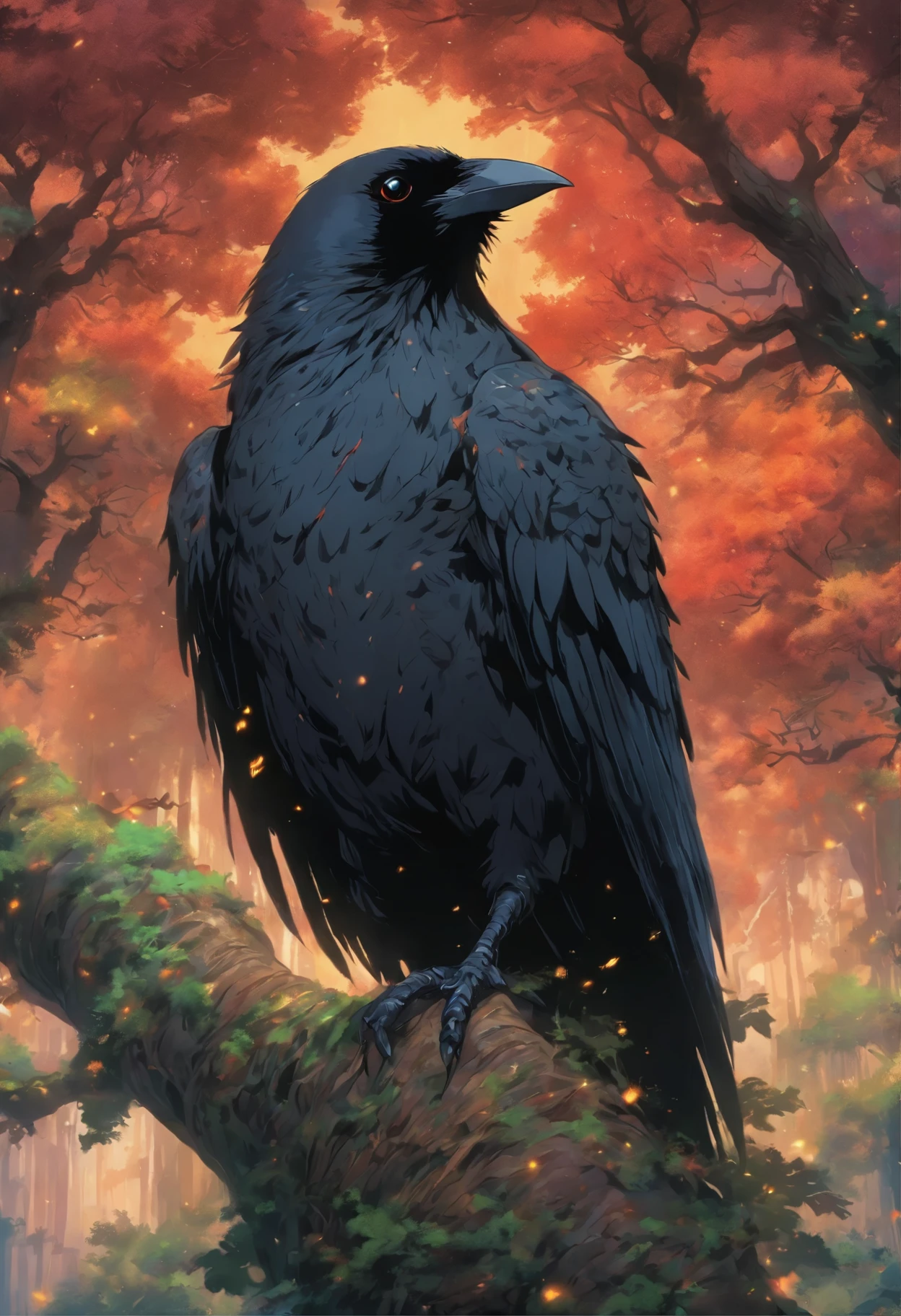 a black bird sitting on top of a tree branch next to a forest, a detailed painting by Gonzalo Endara Crow, reddit contest winner, gothic art, crows beautiful, raven bird, detailed crow illustration, crows as a symbol of death, artistic drawing of a crow, highly detailed dark art, detailed 3d gothic oil painting, raven monster