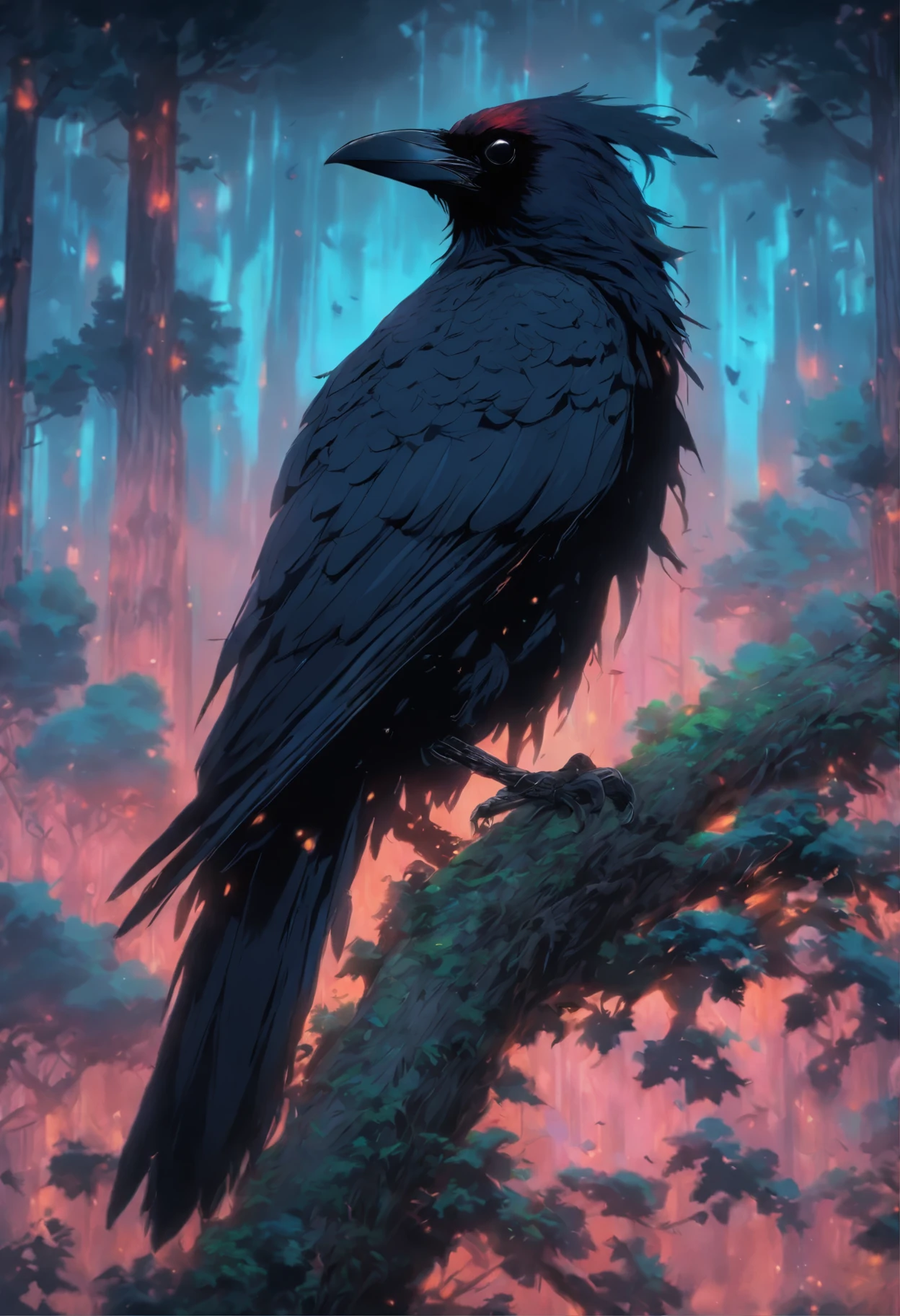 a black bird sitting on top of a tree branch next to a forest, a detailed painting by Gonzalo Endara Crow, reddit contest winner, gothic art, crows beautiful, raven bird, detailed crow illustration, crows as a symbol of death, artistic drawing of a crow, highly detailed dark art, detailed 3d gothic oil painting, raven monster
