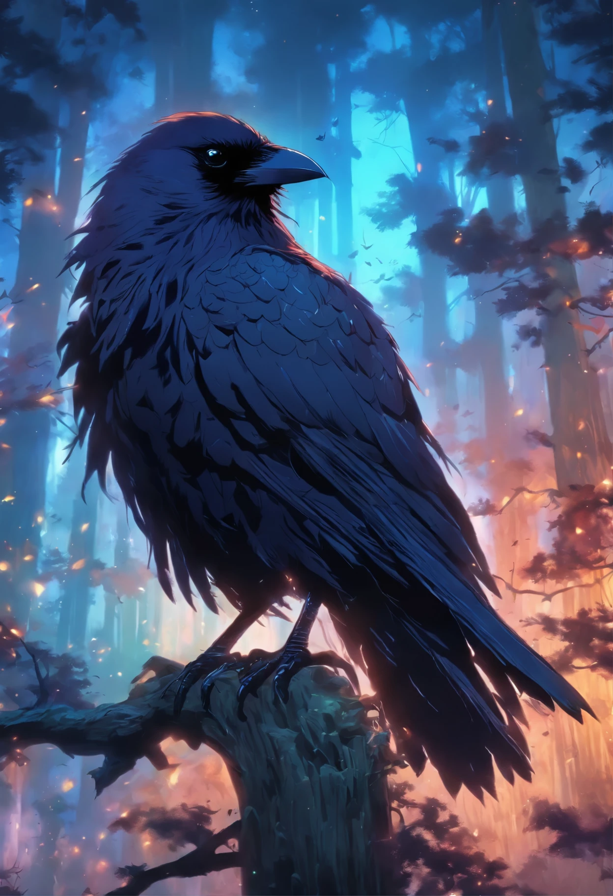 a black bird sitting on top of a tree branch next to a forest, crows beautiful, raven bird, detailed crow illustration, crows as a symbol of death, artistic drawing of a crow, highly detailed dark art, detailed 3d gothic oil painting, raven monster, 8k high quality detailed art, gothic art style, dark crow, raven, crow portrait!!!!!