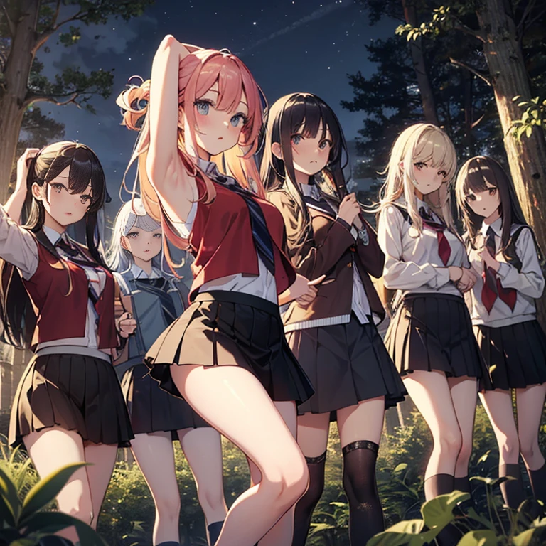 A group of female student, (in forest), various hair styles, harem, wearing school attires, night, details face, , short skirt, seducing, showing armpits, sleeveless