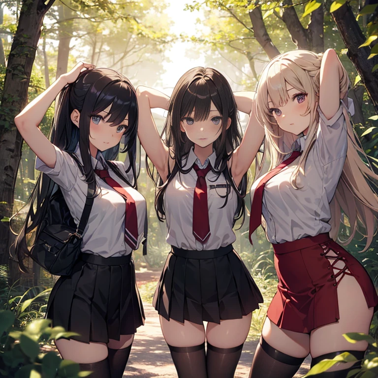 A group of  female student, (in forest), various hair styles, harem, wearing school attires, night, details face, , short skirt, seducing, showing armpits, sleeveless 