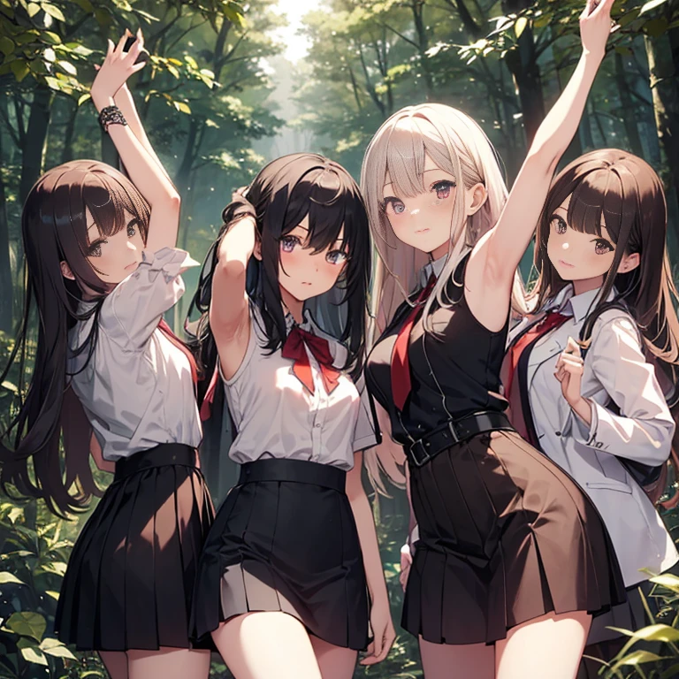 A group of female student, (in forest), various hair styles, harem, wearing school attires, night, details face, , short skirt, seducing, showing armpits, sleeveless
