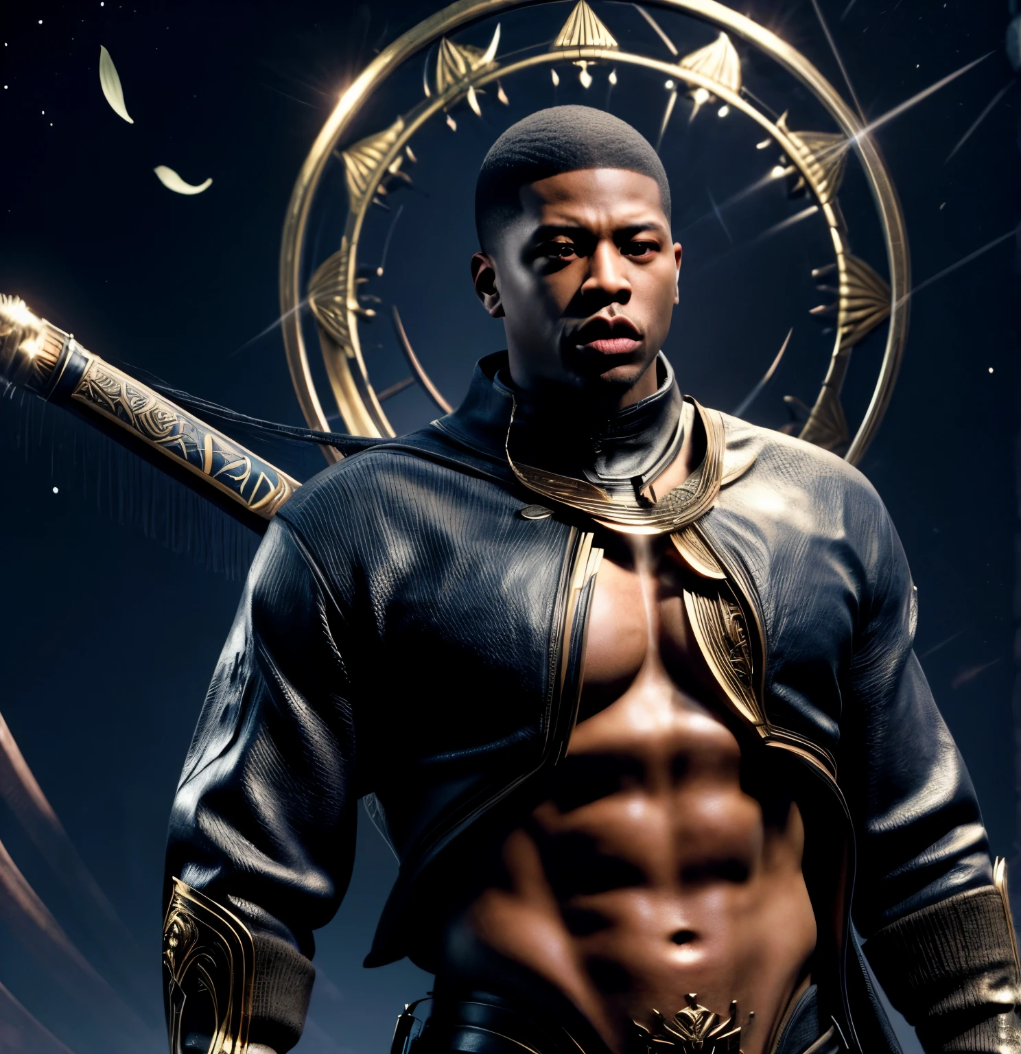 Strong blessed Warrior soul embodiment of peace, love, patience, bravery, courage, compassion, confidence, masculine, cancer sun, zodiac, Sagittarius moon in natal chart, Libra ascendant, man, Deep dark Blue hazey aura flowing around body, black man, brown skin, attractive, muscular, warm radiant essence, divine presence, Godly, Divine, grace, high resolution photo, 4k, 8k, high quality, anime, hetero, straight, dark haircut, Jay Z Style of clothing, 50 Cent energy, Hip Hop, son of Rhea Ripley, genetics, African American, melanin skin