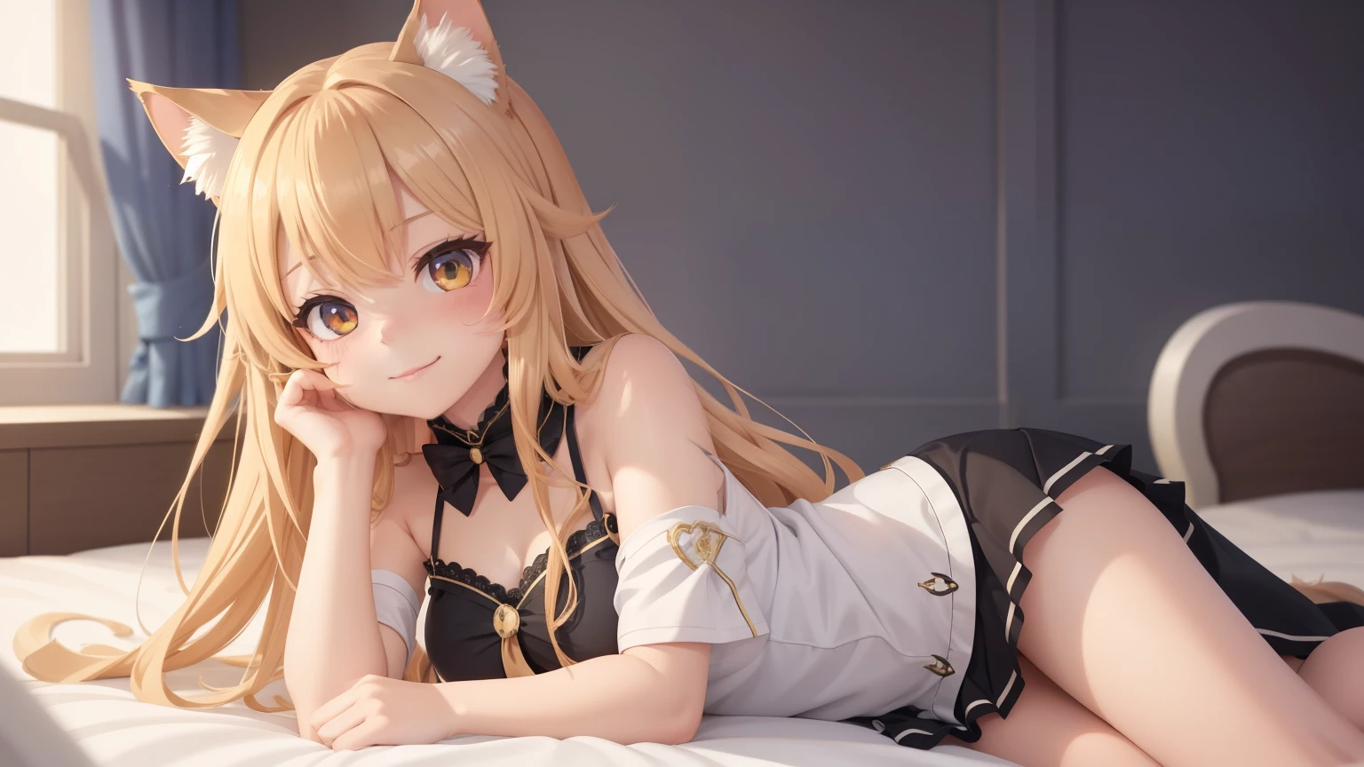 Playing in bed,long hair,flaxen hair,one girl, Cat ear,smile,mini skirt,azur lane style, Luxurious rooms,beautiful anime cat girl, beautiful fantasy anime, charming cat girl, cute anime cat girl, anime style 4k, anime fantasy artwork