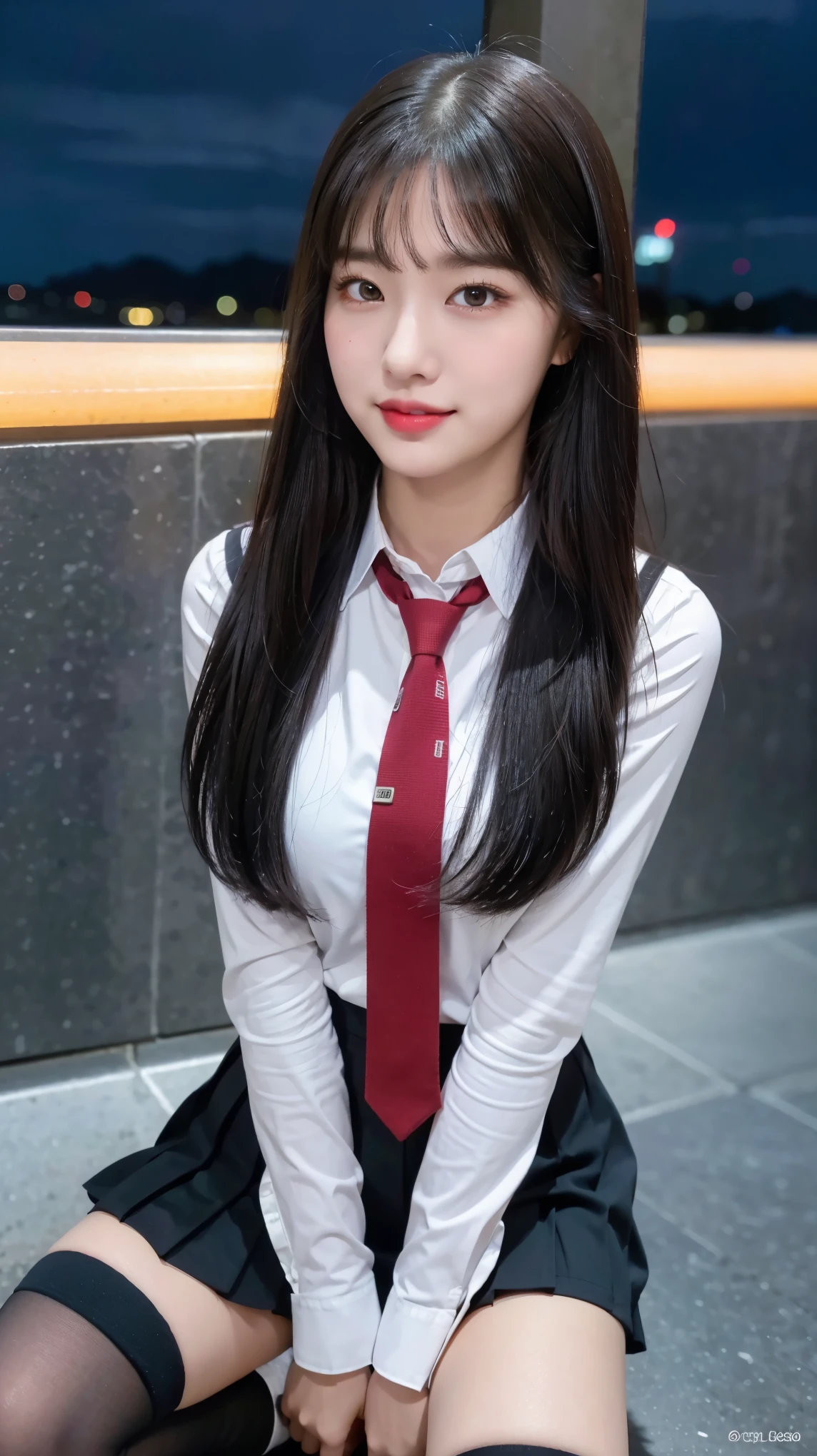 (8K), (highest quality: 1.2), (realistic), (realistic: 1.37), ultra high resolution, (1 girl, cute, smile, closed mouth, thick lips,red lip,beautiful details, beautiful nose, (straight black hair), giant dulcefo, self snap,(school uniform),white shirt,tie,pleated skirt,(knee high socks),Squatting in the city at night, From above,close up of face,