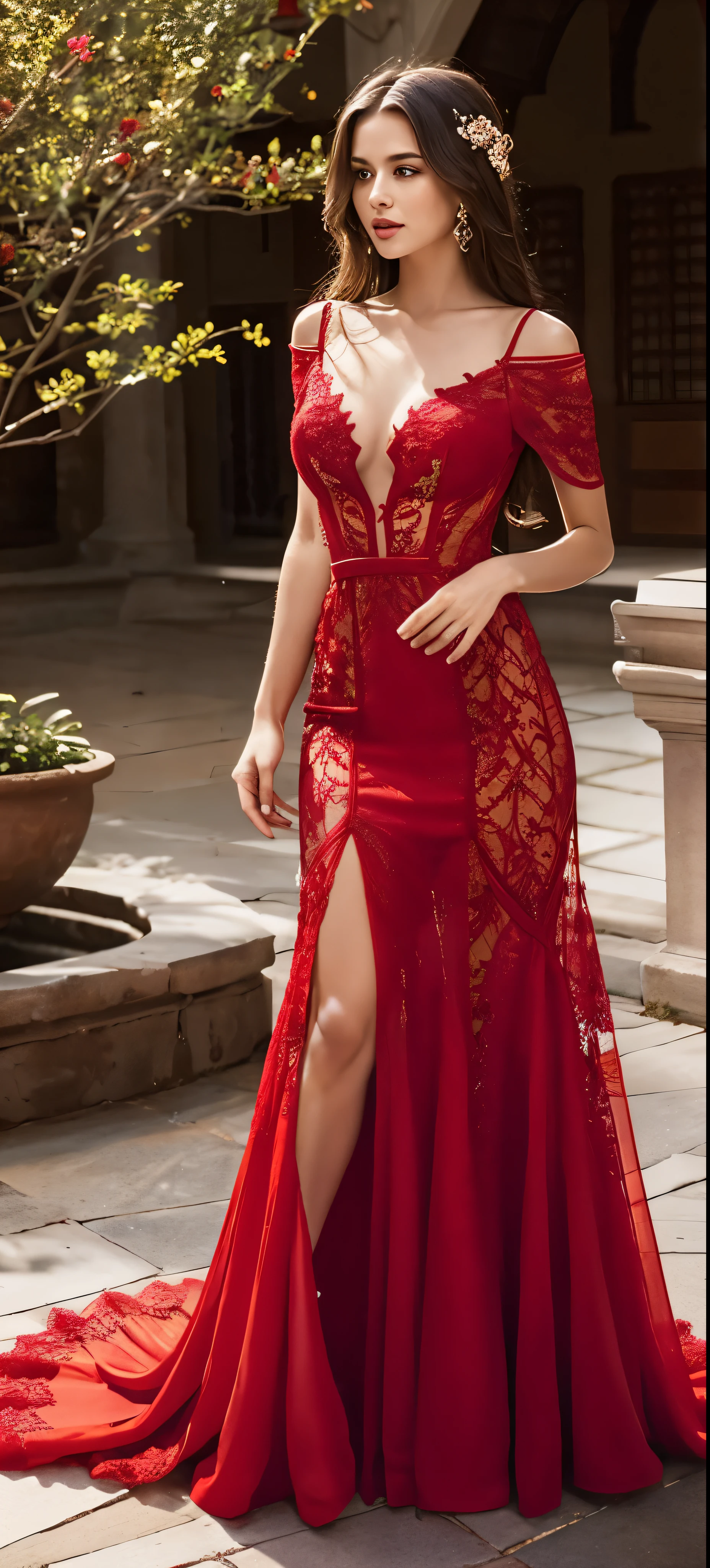 a woman in a red dress posing for a picture in a courtyard, a picture by Emma Andijewska, tumblr, tachisme, sexy gown, opened dress, wearing an elegant dress, fantasy long intricate gown, sexy dress, dressed beautiful gown, red gown, wearing a magnificent dress, dressed in red lace, translucent dress, extravagant dress, see through dress