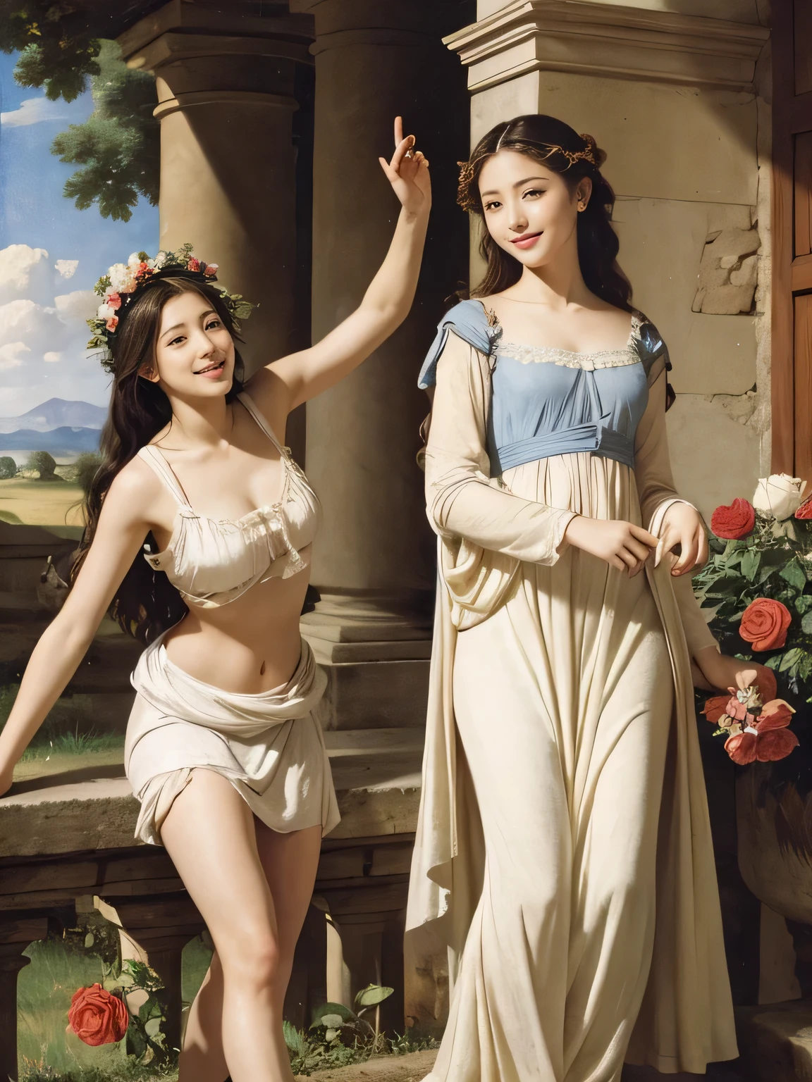 full body portrait or statue、Giorgione painting style,Arguments of two female Philosophe,math、astronomical machine、astronaut、roses in vase、fruits、Cute trinkets、smile、ancient greek costume、Ancient Roman landscape in the style of Nicolas Poussin,laughter,,Sweet and seductive appearance.、Caravaggio's paintings、Chiaroscuro of Caravaggio、hair tousled by the wind,Two women frolicking,cute smile, expression of ecstasy,Sexy,erotic
