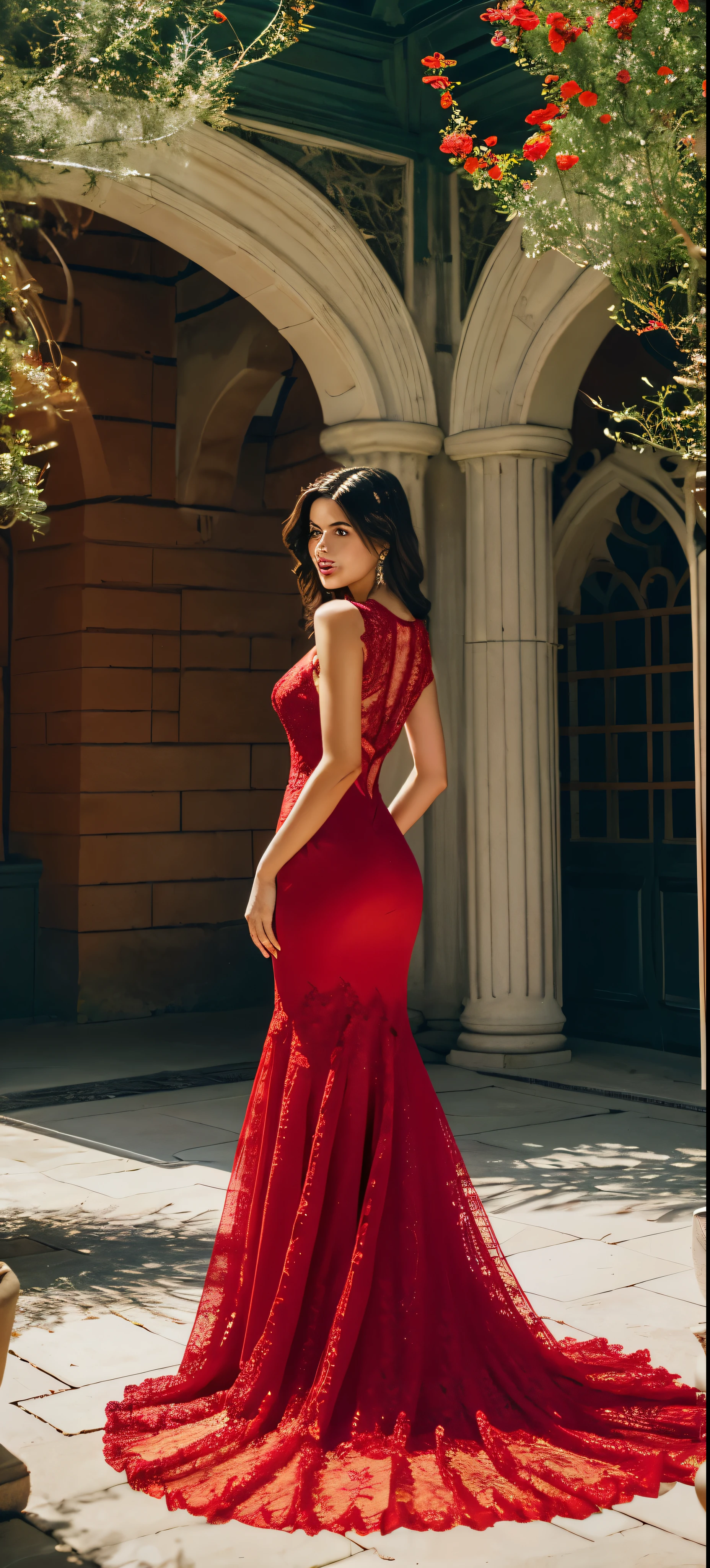 a woman in a red dress posing for a picture in a courtyard, a picture by Emma Andijewska, tumblr, tachisme, sexy gown, opened dress, wearing an elegant dress, fantasy long intricate gown, sexy dress, dressed beautiful gown, red gown, wearing a magnificent dress, dressed in red lace, translucent dress, extravagant dress, see through dress