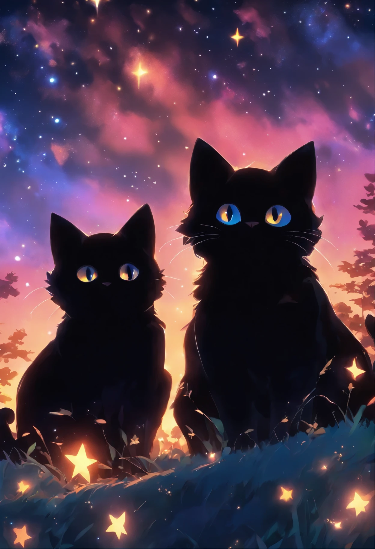a close up of two cats sitting on a hill under a starr sky, black cats, cats cat dreamcats, cat cat dreamcats, stars in her gazing eyes, night starry sky full of cats, ✨🕌🌙, dark and stars in the background, kittens in outer space, by Kubisi art, by Julia Pishtar, dream animal cute eyes