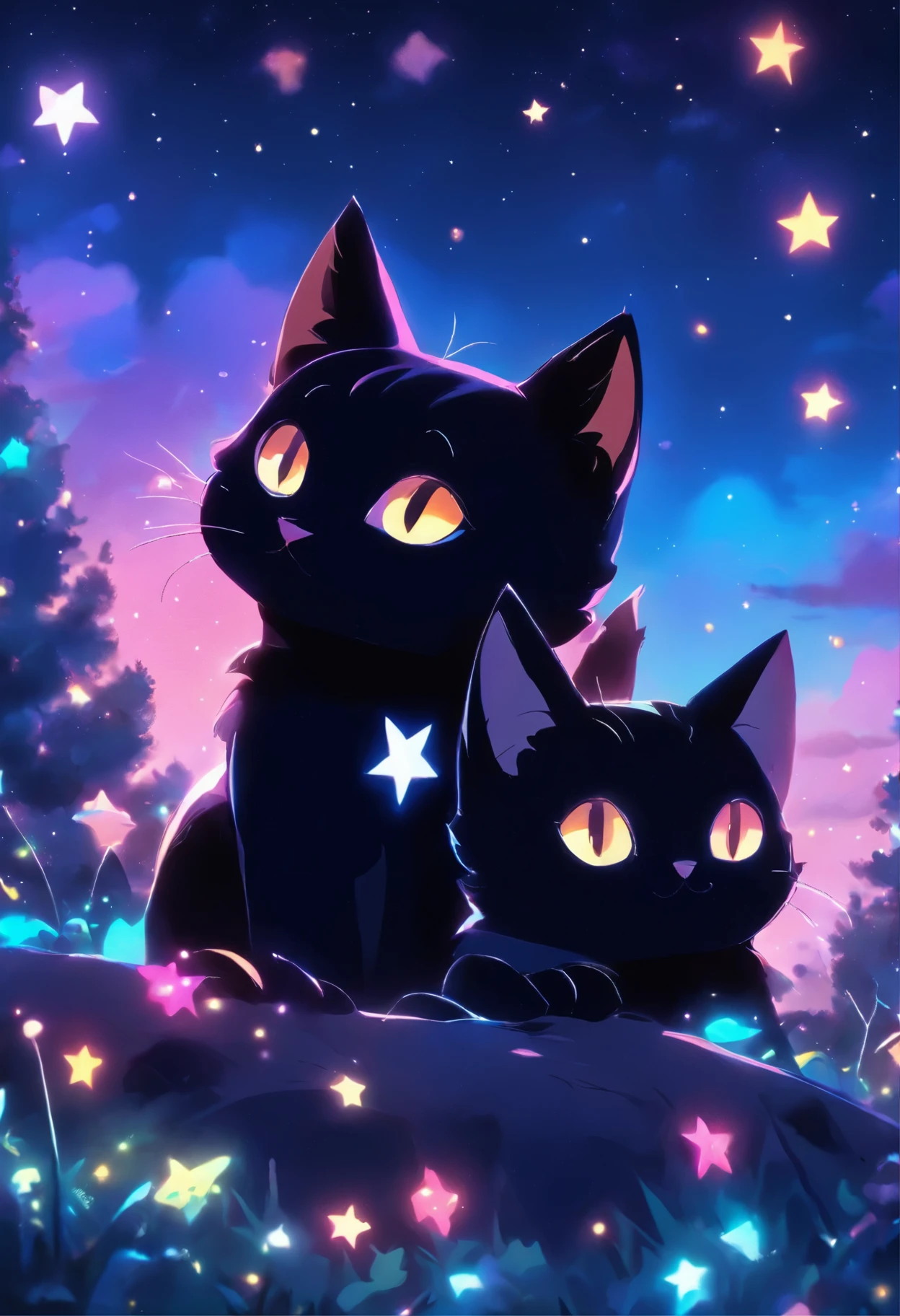 a close up of two cats sitting on a hill under a starr sky, black cats, cats cat dreamcats, cat cat dreamcats, stars in her gazing eyes, night starry sky full of cats, ✨🕌🌙, dark and stars in the background, kittens in outer space, by Kubisi art, by Julia Pishtar, dream animal cute eyes