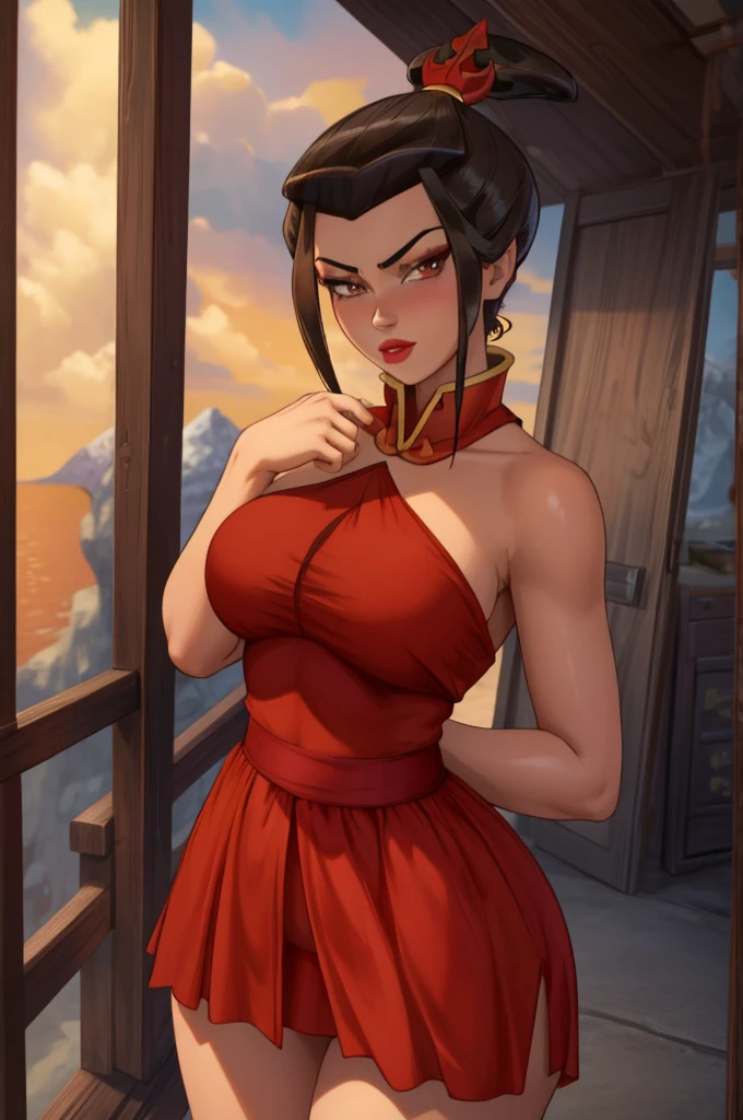 Beautiful, Masterpiece, Best Quality, extremely detailed face, perfect  lighting, Cowboy shot, 1girl, Azula, the perfect body, taut clothes, seductive, pomade, makeup, looking a viewer, wide thighs