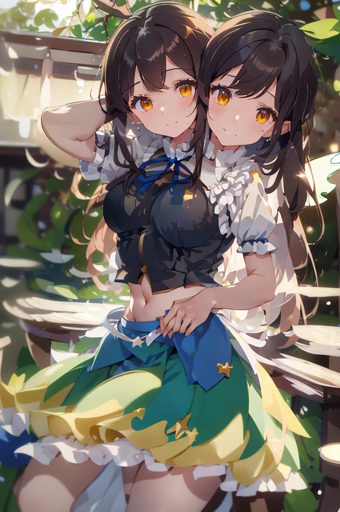 (masterpiece, best quality), best quality, (ultra-detailed), (3heads:1.5), 1girl, (star sapphire:1.3), masterpiece, best quality, ultra quality, ultra resolution, ultra detail, white top, crop top, ((stomach)), midriff, ((groin)), open midriff, white and blue skirt, miniskirt, normal ears, shackles, dark brown hair, very long hair, wavy hair, sidelocks, yellow eyes, detailed eyes, parted lips, fairy wings, sweat, cute, open belly, toned belly, hand on own chest, eyelashes, (24 year old woman:1.3), (masterpiece:1.5), (best quality:1.5), (beautiful detailed), extremely detailed CG, extremely delicate and beautiful, depth of field, (finely detailed face), (perfect details:1.2), (mature female:1.3), wide pelvis, slender, large veiny breast, 16k resolution, highres, high quality, high definition, extremely detailed, masterpiece, dark brown hair, long hair, alluring presence, braid, short skirt, close up, big tits, young, blue ribbon attached to the hair, butterfly-shaped wings, open belly, midriff, nsfw,