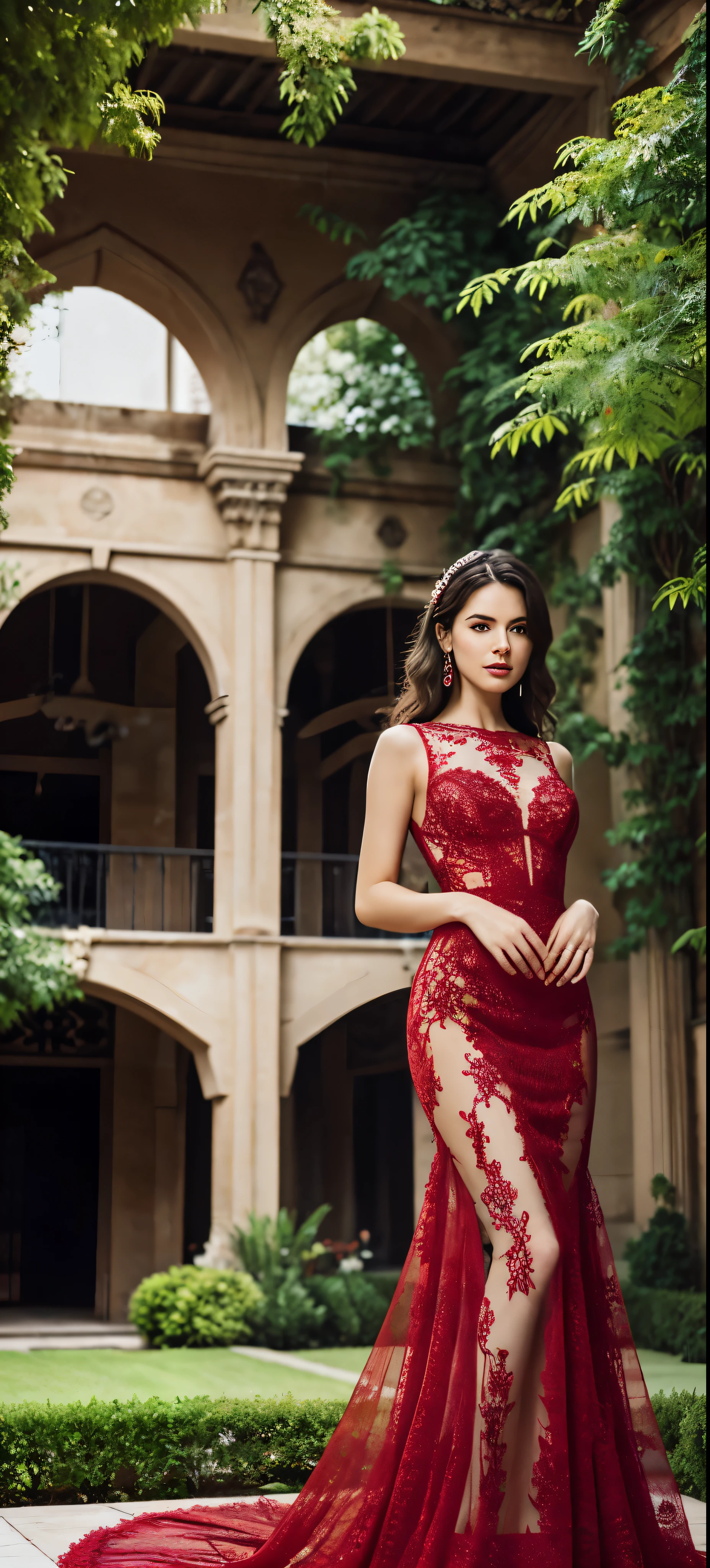 a woman in a red dress posing for a picture in a courtyard, a picture by Emma Andijewska, tumblr, tachisme, sexy gown, opened dress, wearing an elegant dress, fantasy long intricate gown, sexy dress, dressed beautiful gown, red gown, wearing a magnificent dress, dressed in red lace, translucent dress, extravagant dress, see through dress