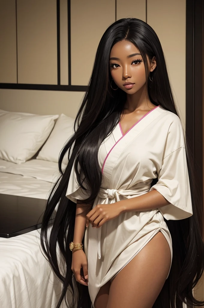 Beautiful lady who is Half African and half Japanese. Dark skin. Asian facial features. thick long hair.