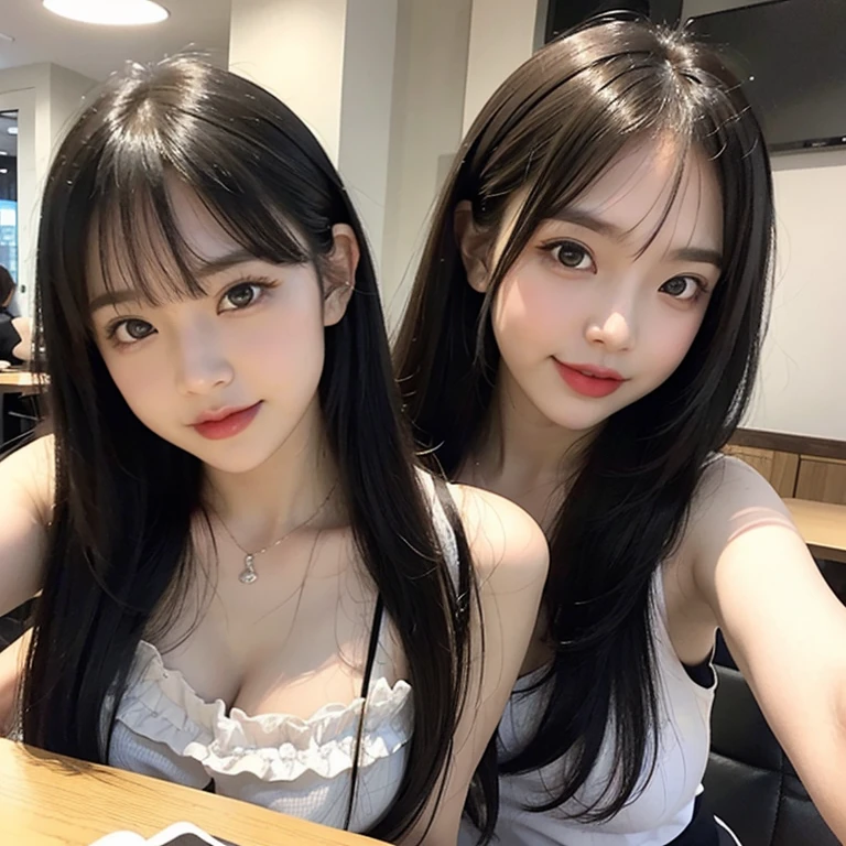 highest quality, High resolution, (realistic:1.2), 1 girl, Japanese beautiful girl, Upper body, Smile, big slit eyes, (big double eyelids:1.5), plump cheeks, long black hair, Smooth straight hair, slender, Are thin, small breasts, white dress, cleavage, (focus on face, Depth of the bounds written:1.5), bright light, Cafe, indoor, Drinks on the table, sitting, 