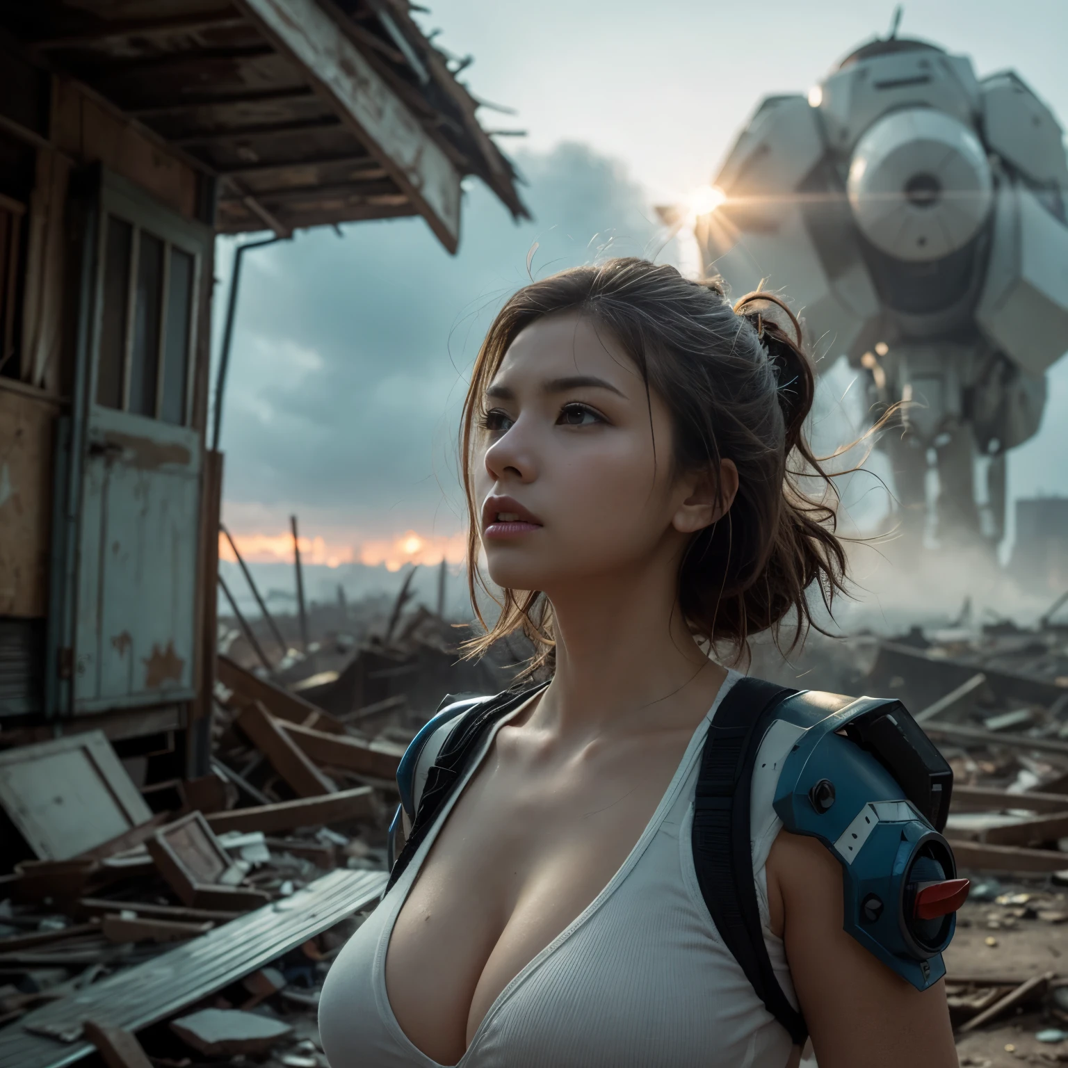 (highest quality、4K、High resolution、master piece: 1.2)、Super detailed、real: 1.37、Natural light、Portrait、surreal colors、futuristic style、Crumbling cityscape、Overgrown vegetation、Foggy atmosphere、Contrasting shadows、tattered clothes、A strong and confident gaze、Abandoned Objects、desolation、Destroyed building silhouette、vivid graffiti、Empowering pose、hair fluttering in the wind、Expressive facial features、unforgettable beauty、Dramatic sky、eerie clouds、intricate details、urban decline、post-apocalyptic setting、Ruins in nature 、Majestic Skyline、Desperate struggle、Creepy Presence、Thought of power、強化されたThought of power、intensity of emotions、Tense atmosphere、heroic attitude、intense action、Fearless Determination、Survival from all odds、Dangerous landscapes、Iconic battle、cinematic composition、epic showdown、A moment frozen in time、mysterious aura、fortitude、Women's Support、strong female protagonist、Fascinating story、Women's power、Fierce determination、Empowering Stories、Behind her is a huge(Invader Mech:1.3)is on fire and on the verge of collapse