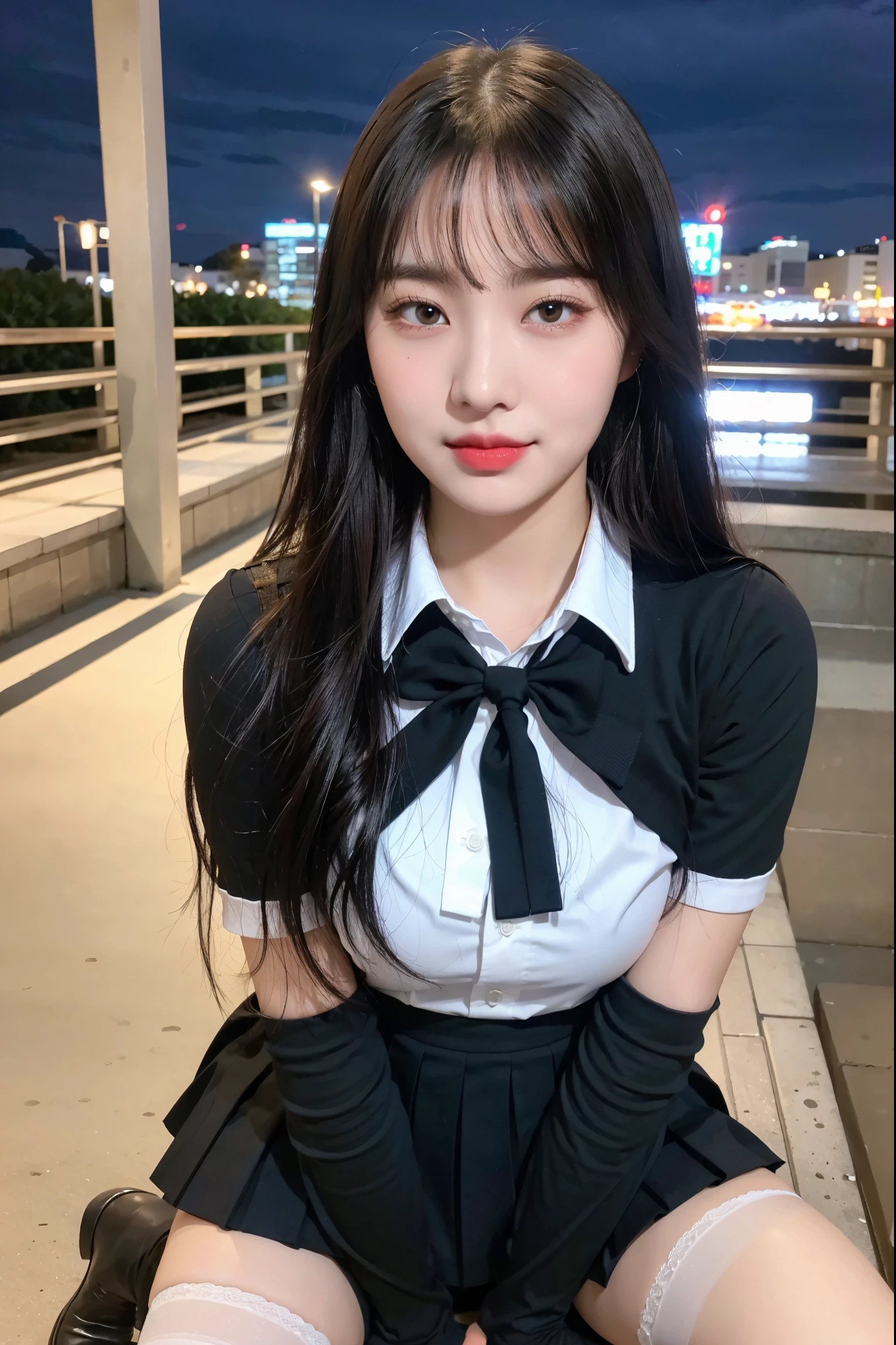 (8K), (highest quality: 1.2), (realistic), (realistic: 1.37), ultra high resolution, (1 girl, cute, smile, closed mouth, thick lips,red lip,beautiful details, beautiful nose, (straight black hair), giant dulcefo, self snap,(school uniform),white shirt,tie,pleated skirt,(black knee high socks),Squatting in the city at night, From above,close up of face,