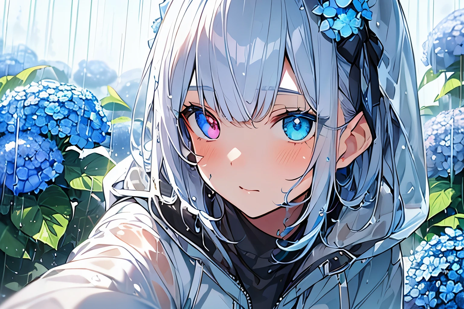 Best quality、photorealistic、super detail、delicate、orderly、high detail、bluish silver ponytail、(droopy iris of heterochromia,glowing eyes:1.3)、slender、(1 girl:1.2)、(beauty of nature、Blue hydrangea、Girl wearing a rain parka、get wet、cinematic concept art、white background、dynamic angle:1.3)、