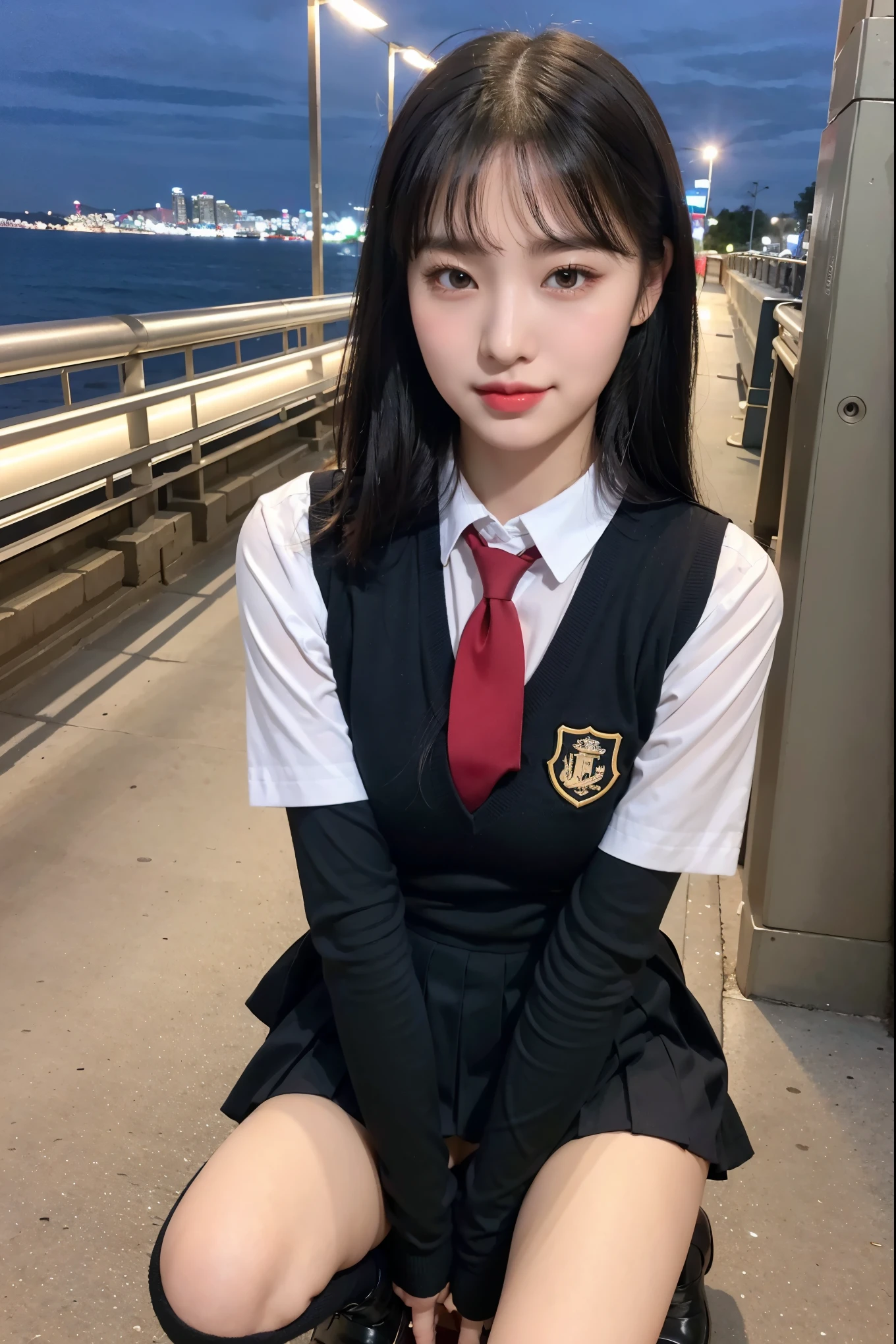 (8K), (highest quality: 1.2), (realistic), (realistic: 1.37), ultra high resolution, (1 girl, cute, smile, closed mouth, thick lips,red lip,beautiful details, beautiful nose, (straight black hair), giant dulcefo, self snap,(school uniform),white shirt,tie,pleated skirt,(black knee high socks),Squatting in the city at night, From above,close up of face,