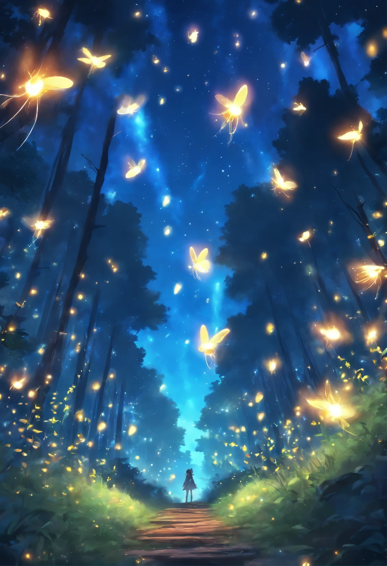 fireflies flying in the night sky above a forest path, concept art by Yang J, tumblr, conceptual art, fireflies and sparkling wisps, magical forest with fireflies, glowing fireflies, fireflies!!!!, firefly forest at night, fireflies!!, cozy night fireflies, fireflies around, fireflies glowing, fireflies flying in the forest