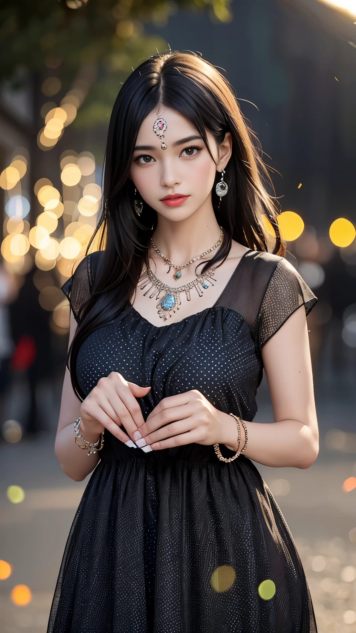 best quality, masterpiece, 1girl, (polka dot dress), black dress, hair ornament, necklace, (jewellery:1.8), Beautiful face, upon body, tyndall effect, photorealistic, rim lighting, two tone lighting, (high detailed skin:1.2), dslr, (spreading light:1.5) soft lighting, high quality, volumetric lighting, candid, park, Photograph, high resolution, 4k, 8k, Bokeh,