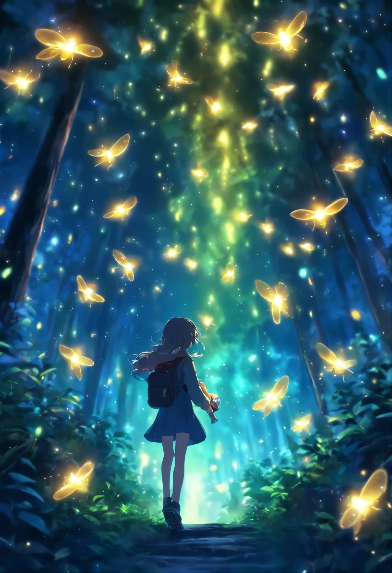 fireflies flying in the night sky above a forest path, fireflies and sparkling wisps, magical forest with fireflies, glowing fireflies, fireflies!!!!, firefly forest at night, fireflies!!, cozy night fireflies, fireflies around, fireflies glowing, fireflies flying in the forest, fireflies flying around, fireflies