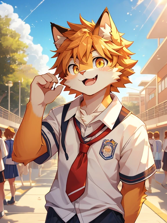 (masterpiece),(Very detailed),(best quality),hairy,Cat,orange fur,Vivid eyes,golden pupils,cute style,Sunny and cheerful,(white casual wear),((funny expression)),8K,(high quality),(ultra high definition),(super detailed)(High school student)(Shota)