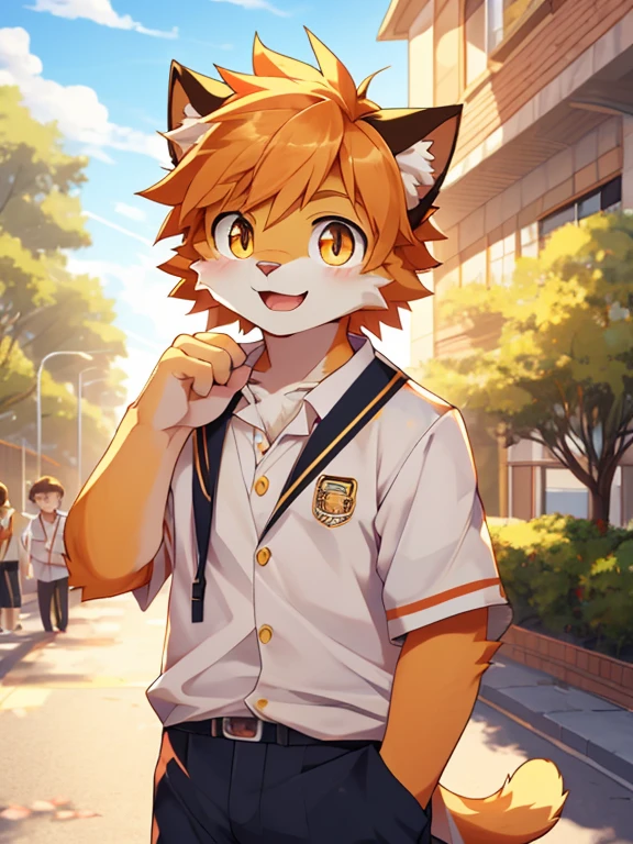 (masterpiece)，(Very detailed)，(best quality)，hairy，Cat，orange fur，Vivid eyes，golden pupils，cute style，Sunny and cheerful，(white casual wear)，((funny expression))，8K，(high quality)，(ultra high definition)，(super detailed)(High )(Shota)