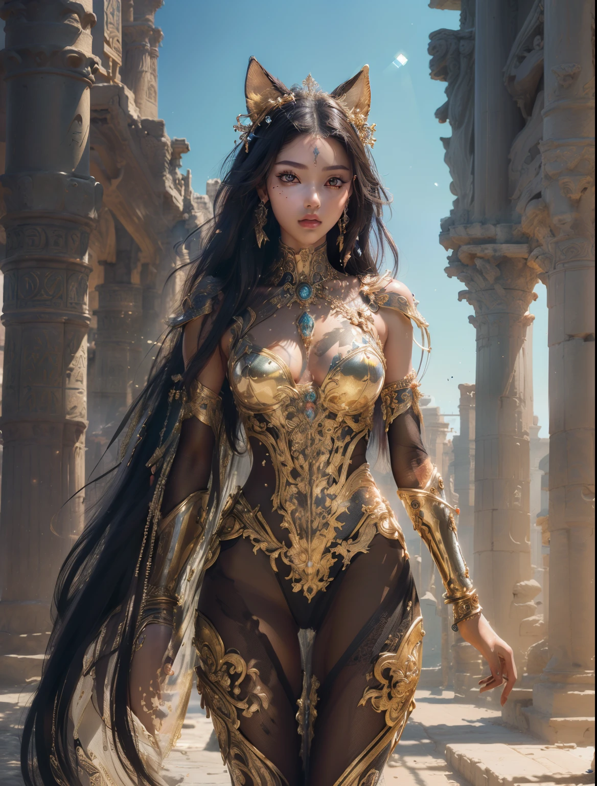[Detailed illustrations, art based on extremely ideal anatomy, very detailed and detailed drawings, slow and delicate lines, realistic texture expression],((Color tressed main lines)),(Artwork with outstanding craftsmanship),(Ruins background (Ancient Egypt)),[HENTAI ANIME Girl Beauty Cyborg ] (Large, seductive hanging eyes) Lustrous black hair Tanned skin,( Bastet) Cyberne-golden armor with carved decoration ((Decoration of transcendent craftsmanship)) (Elegant,Gorgeous golden luster ((polished reflective luster)),Gorgeous),Orparts Lost Technology (Hierograph),Gravure,(Science Fiction Mechanical Bioengineering),((Fine and beautiful skin expression (transparency))),((Clear gaze)),(( Perfect eye details (beautifully drawn pupils with great detail))),(Beautiful perfect face (realistic face details)),((Beautiful hair details)),(Perfectly proportioned proportions)),(High-level built design,((Advanced structural understanding of materials)),Ideal color coordination),((Artistic decoration))) ((Dense details),((Detail,High definition) ),[(Ultra-precise detail),((Multilayer texture)),HighQuality,High Resolution],((Accurate simulation of light-material interaction, understanding of air flow, mechanically correct expression)),(((Visual art with a sense of narrative)).