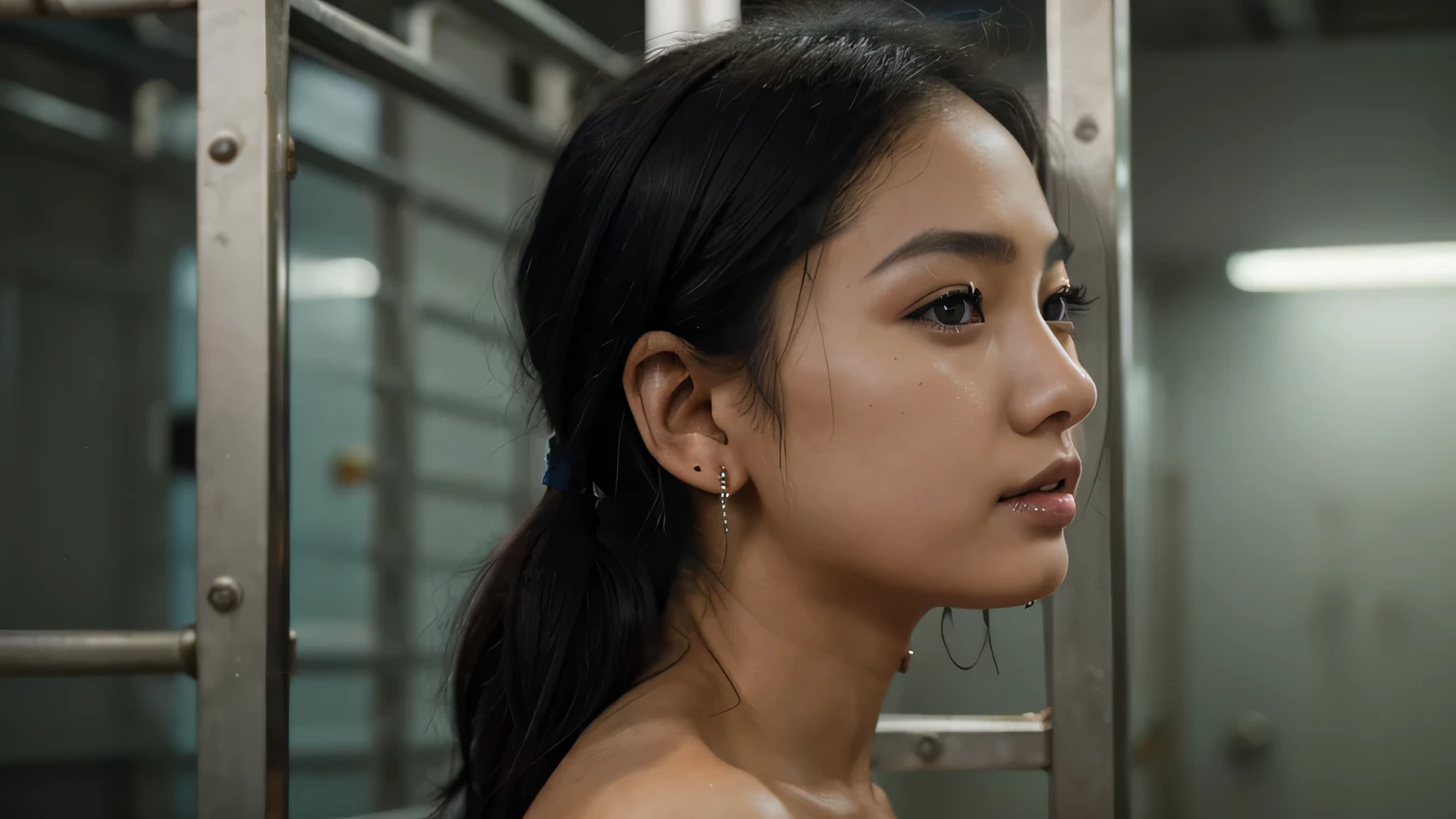 1 naked woman, asians, dirty beagar, on jail, exposing, medium breast, black hair, blue pupils, delicate face, cute, love earrings, playful, ultra hd, masterpiece, best quality, super detail, ccurate, full body photo
