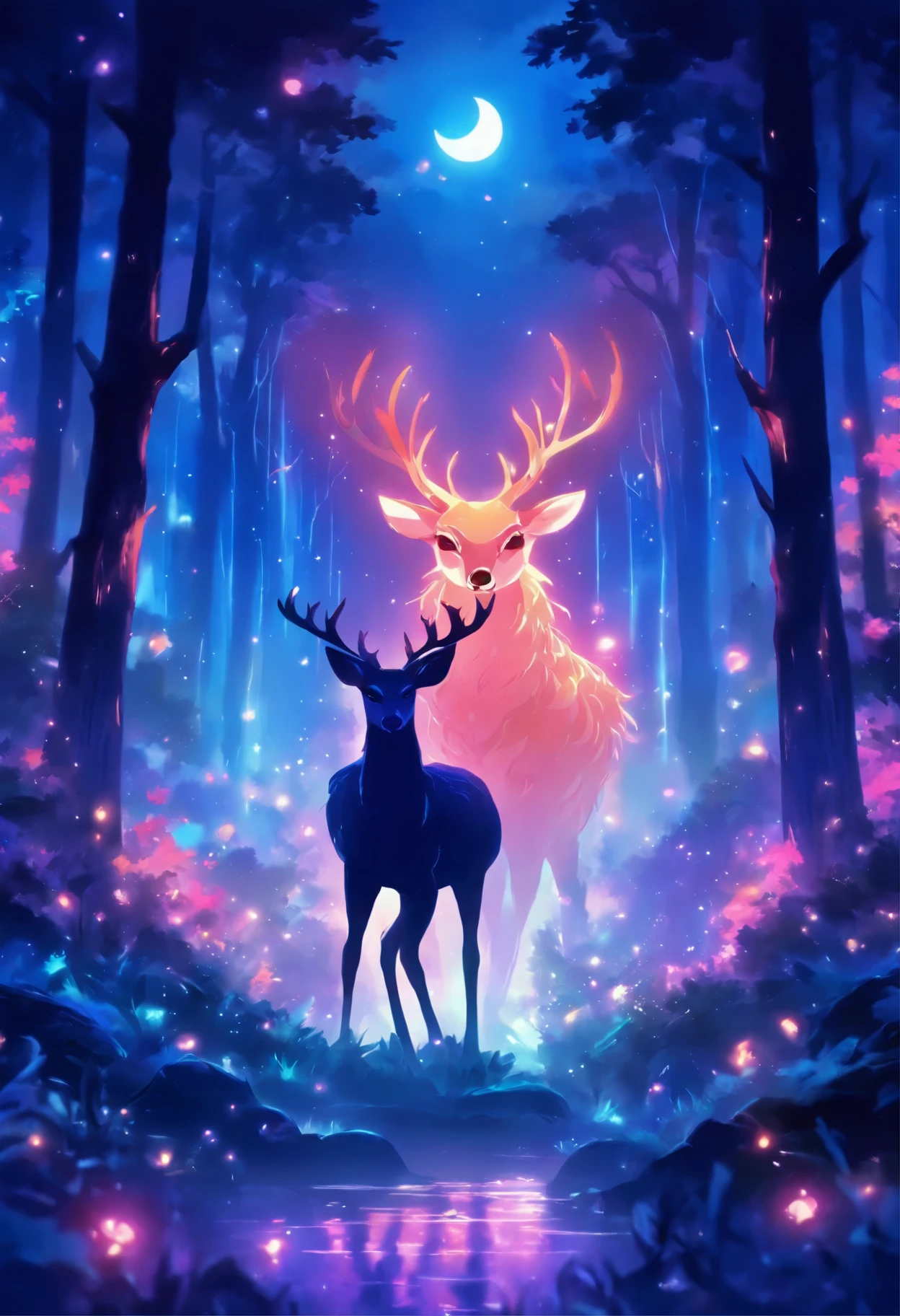 a painting of a deer in the woods with a crescent, calm night. digital illustration, ✨🕌🌙, night in the forest, in the forest at night, in a forest at night, night forest, the moonlit dance of the fae, ori and the blind forest, hollow knight concept art, moonlit forest environment, moonlit forest, forest spirit