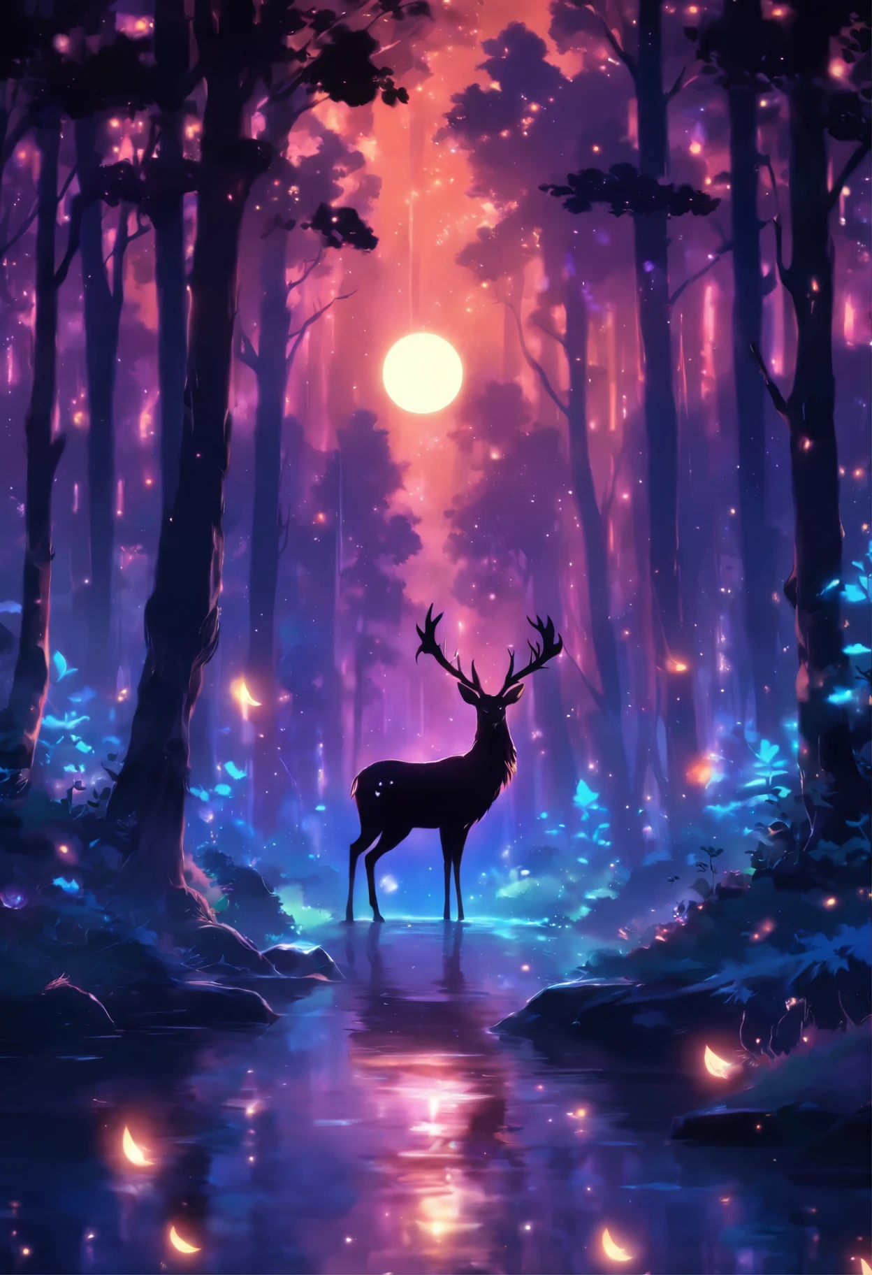 a painting of a deer in the woods with a crescent, calm night. digital illustration, ✨🕌🌙, night in the forest, in the forest at night, in a forest at night, night forest, the moonlit dance of the fae, ori and the blind forest, hollow knight concept art, moonlit forest environment, moonlit forest, forest spirit