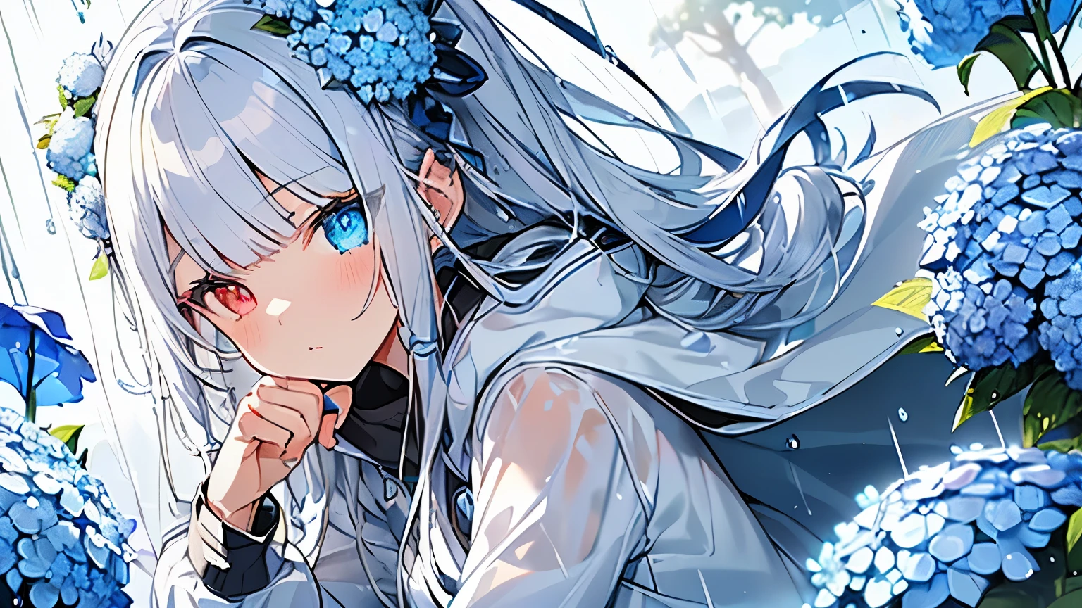 Best quality、photorealistic、super detail、delicate、orderly、high detail、bluish silver ponytail、(droopy iris of heterochromia,glowing eyes:1.3)、slender、(1 girl:1.2)、(beauty of nature、Blue hydrangea、Girl wearing a rain parka、get wet、cinematic concept art、white background、dynamic angle:1.3)、