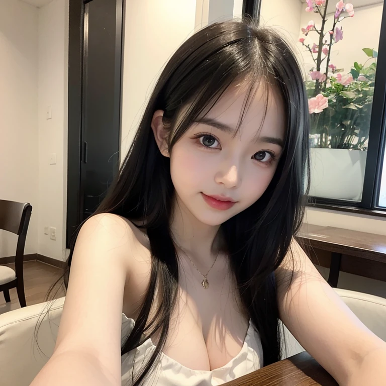 highest quality, High resolution, (realistic:1.2), (1 girl, Japanese beautiful girl), Upper body, Smile, big slit eyes, (big double eyelids:1.5), plump cheeks, long black hair, Smooth straight hair, slender, Are thin, small breasts, white dress, cleavage, (focus on face, Depth of the bounds written:1.5), bright light, Cafe, indoor, Drinks on the table, sitting, 