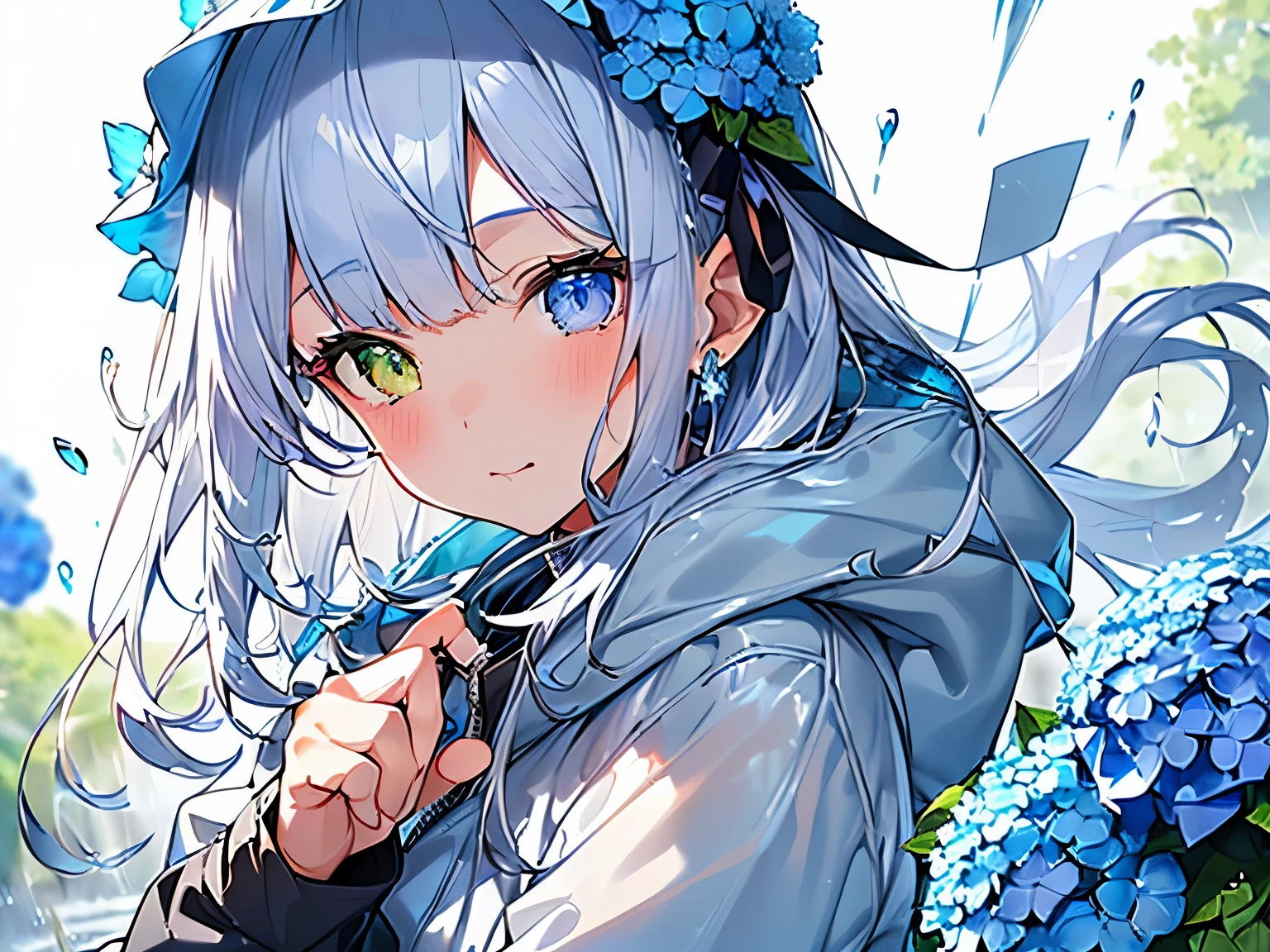 Best quality、photorealistic、super detail、delicate、orderly、high detail、bluish silver ponytail、(droopy iris of heterochromia,glowing eyes:1.3)、slender、(1 girl:1.2)、(beauty of nature、Blue hydrangea、Girl wearing a rain parka、get wet、cinematic concept art、white background、dynamic angle:1.3)、