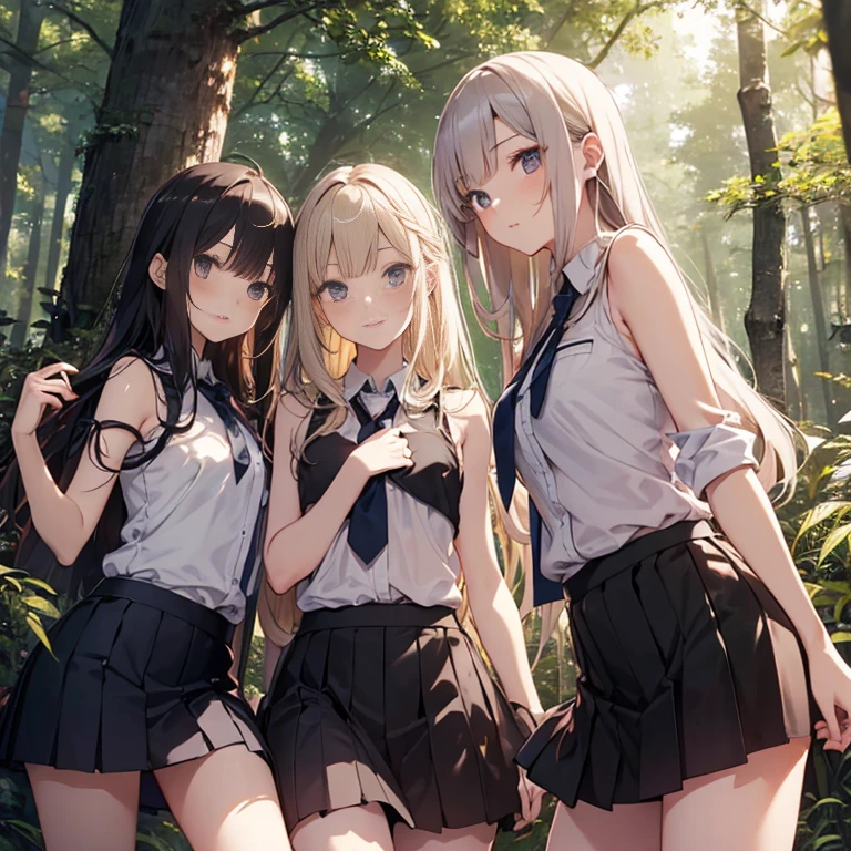 A group of  female student, (in forest), various hair styles, harem, wearing school attires, night, details face, , short skirt, seducing, showing armpits, sleeveless 
