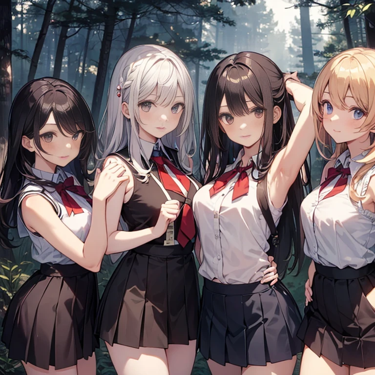 A group of female student, (in forest), various hair styles, harem, wearing school attires, night, details face, , short skirt, seducing, showing armpits, sleeveless