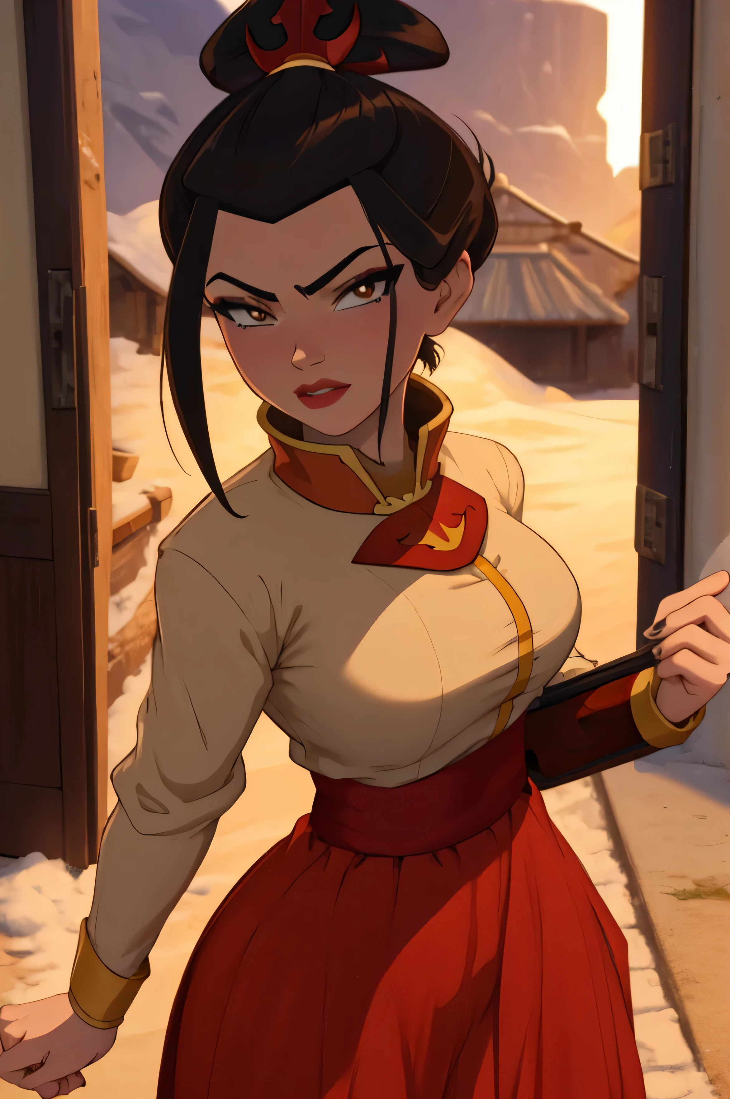 Beautiful, Masterpiece, Best Quality, extremely detailed face, perfect  lighting, Cowboy shot, 1girl, Azula, the perfect body, taut clothes, seductive, pomade, makeup, looking a viewer, wide thighs