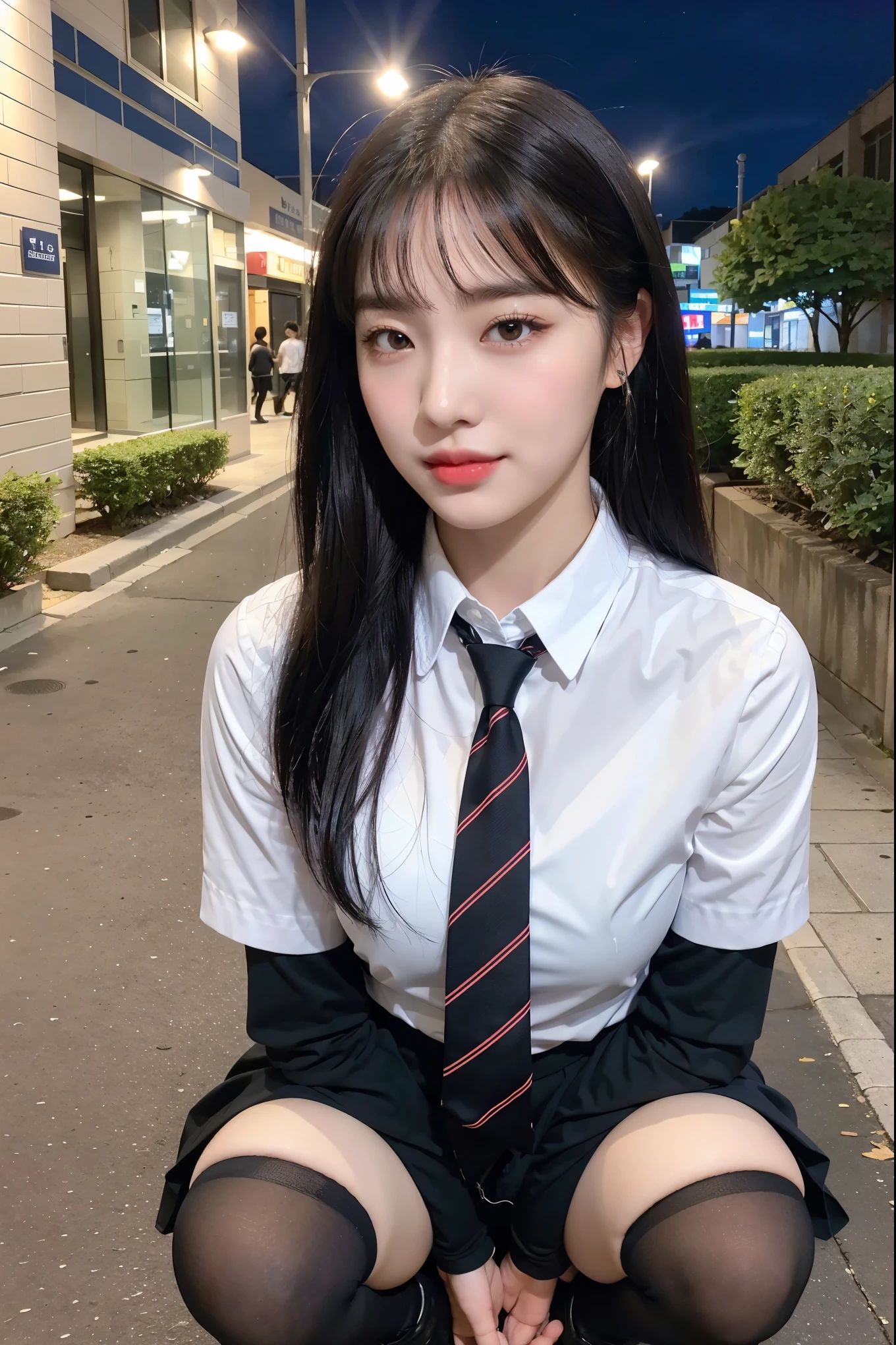 (8K), (highest quality: 1.2), (realistic), (realistic: 1.37), ultra high resolution, (1 girl, cute, smile, closed mouth, thick lips,red lip,beautiful details, beautiful nose, (straight black hair), giant dulcefo, self snap,(school uniform),white shirt,tie,pleated skirt,(black knee high socks),Squatting in the city at night, From above,close up of face,