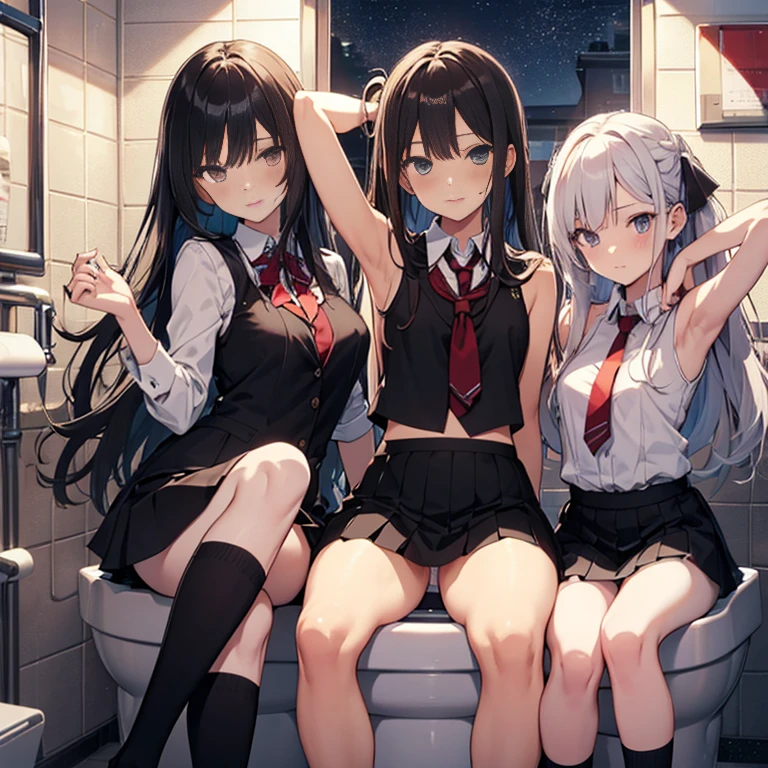 A group of female student, (in toilet), various hair styles, harem, wearing school attires, night, details face, , short skirt, seducing, showing armpits, sleeveless